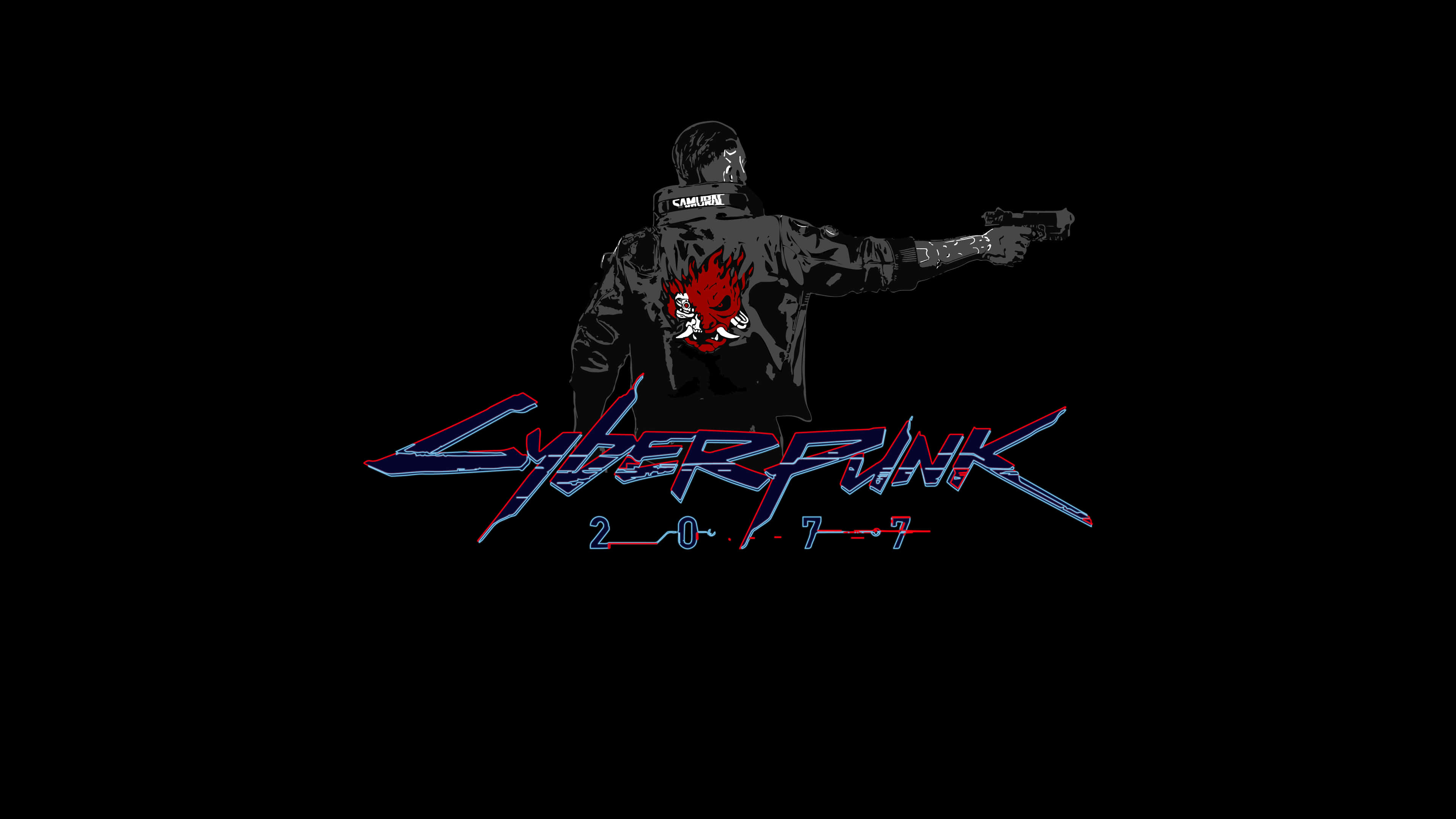 Cyberpunk 2077, black jacket, red flaming skull emblem, 4K Desktop Wallpaper