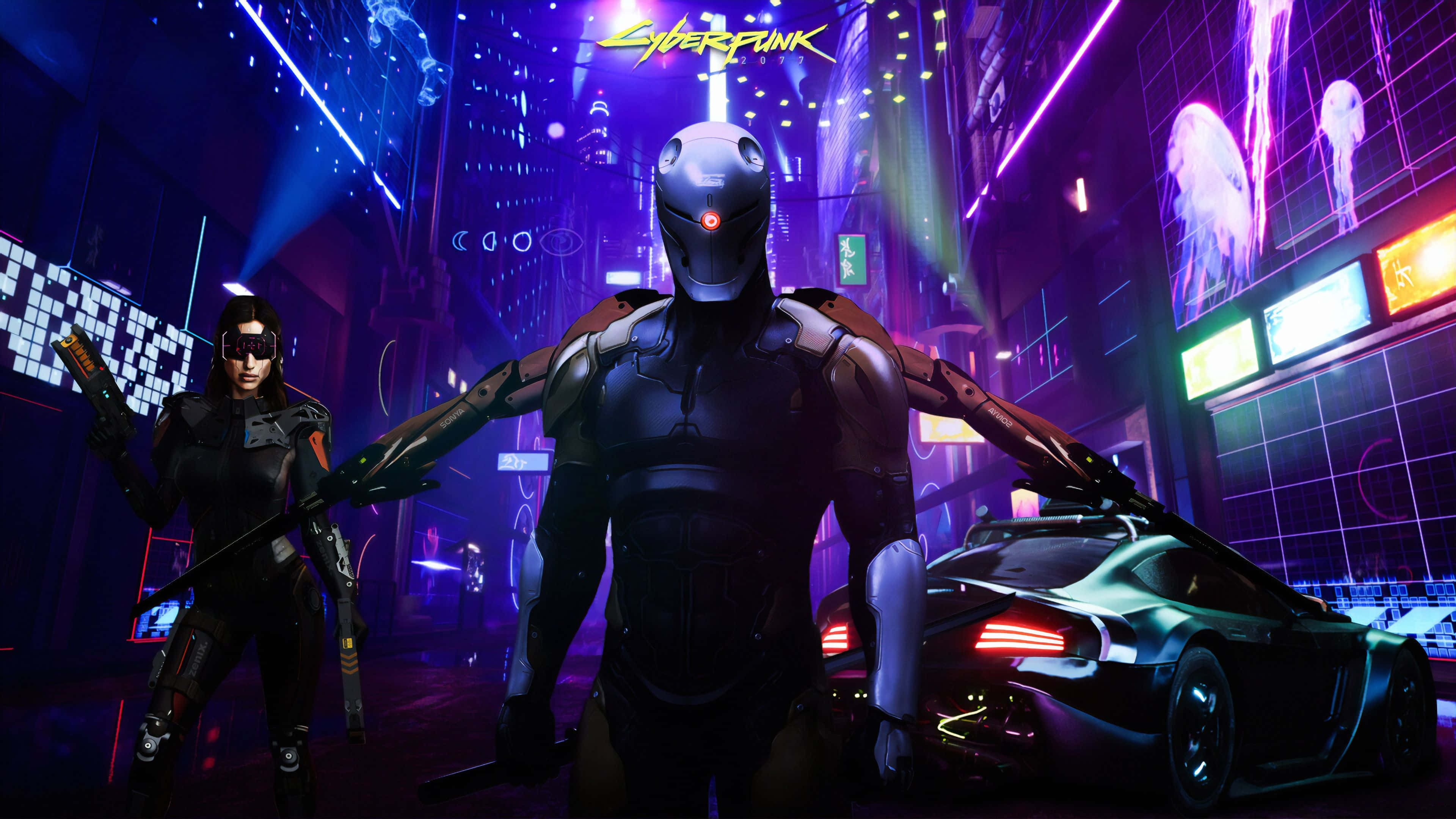 Dark Cyberpunk, neon-drenched futuristic city street, glowing sports car, 4K Desktop Wallpaper