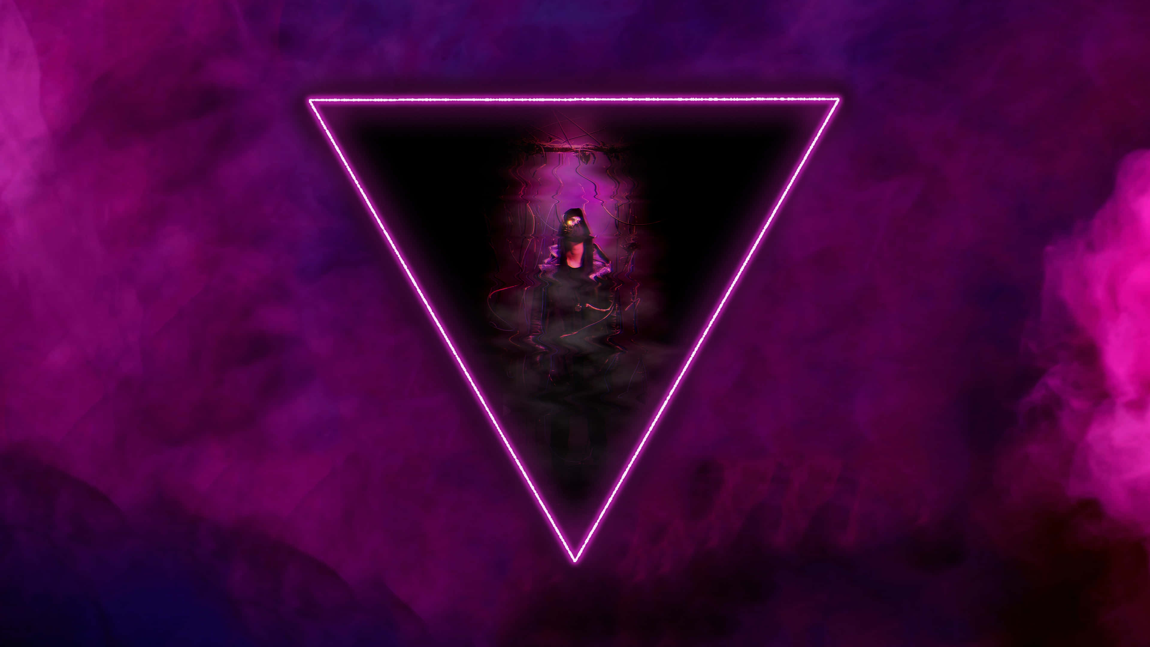 Dark Cyberpunk, neon triangle, mysterious figure, 4K Desktop Wallpaper