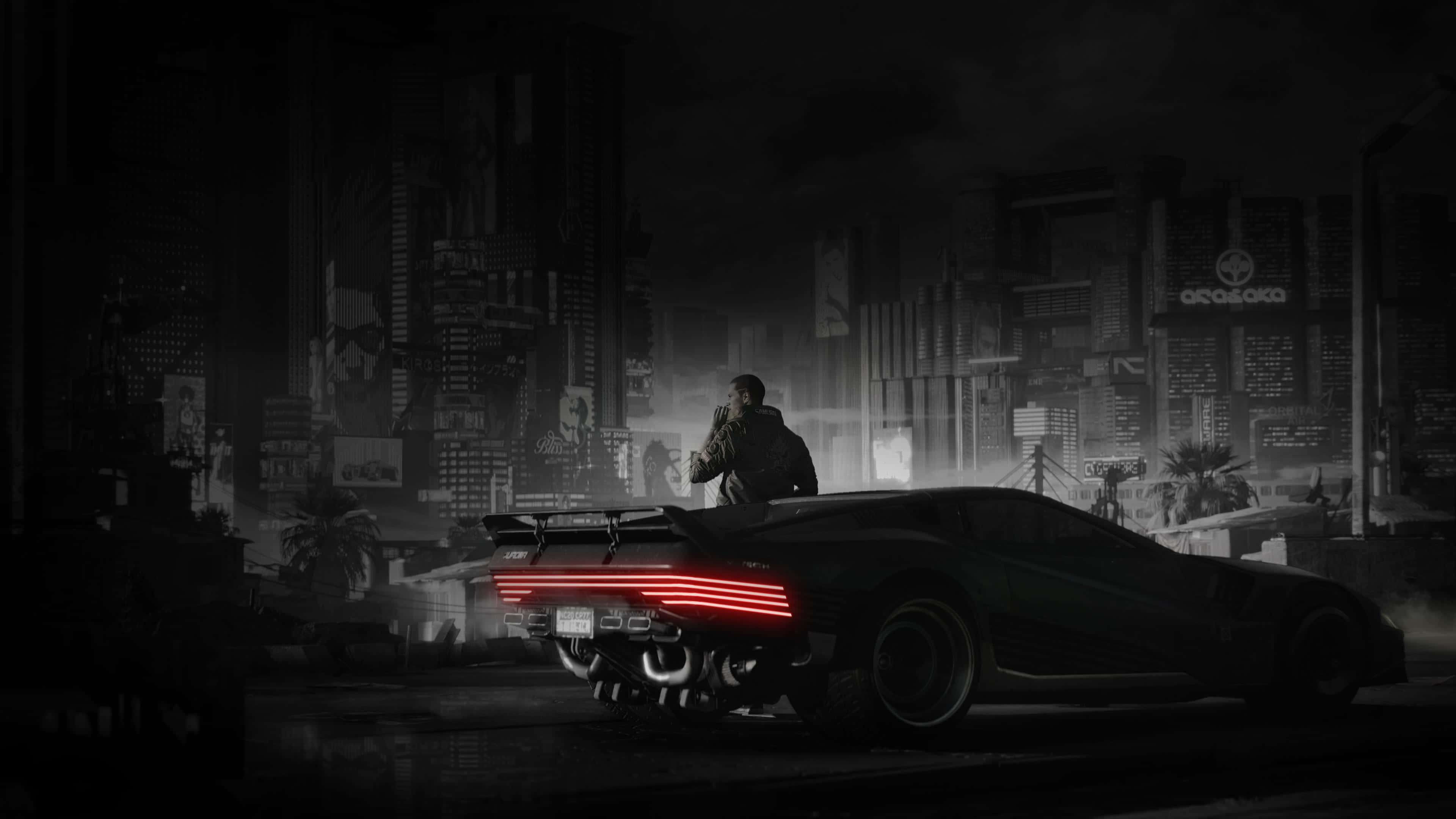 Futuristic Dark Cyberpunk Cityscape Wallpaper, sleek sports car, glowing red taillights, 4K Desktop Wallpaper