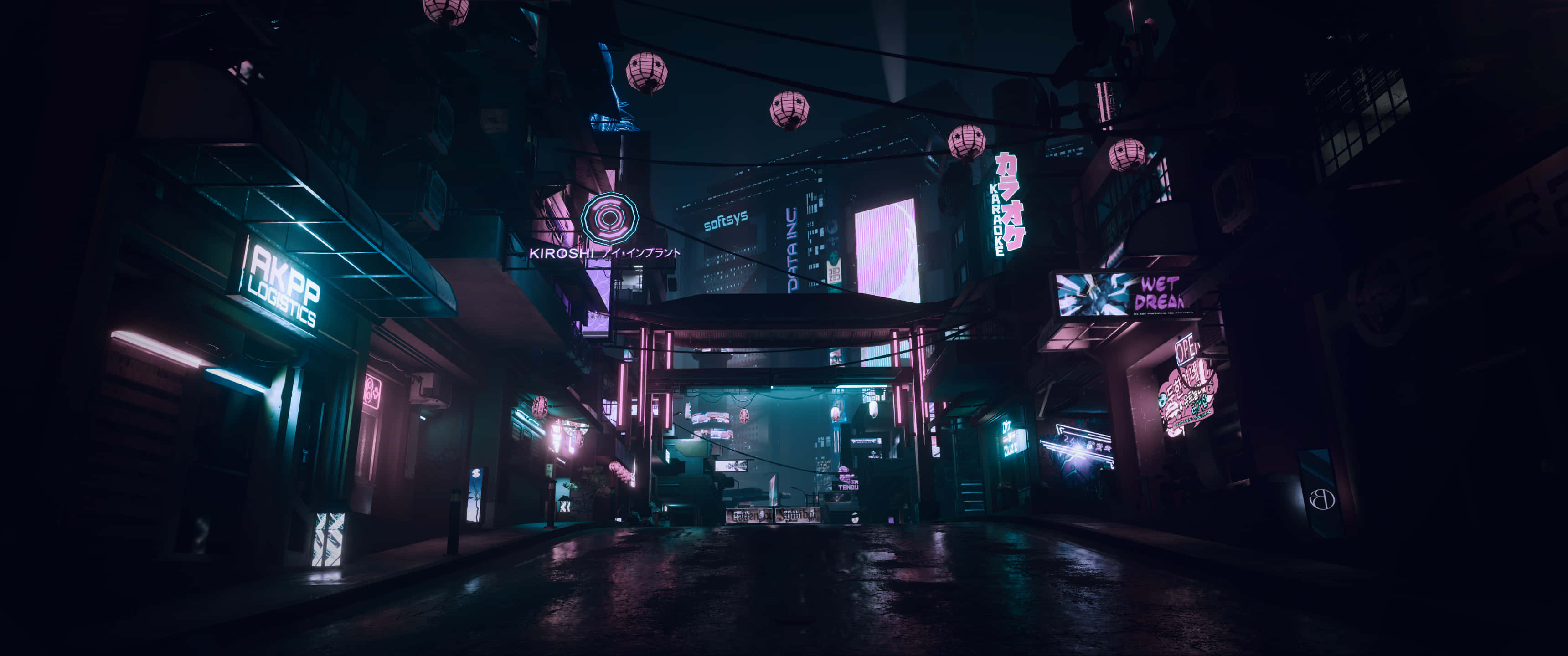 Cyberpunk Dreamscape, neon-lit cyberpunk alleyway, rain-slicked, 2K Desktop Wallpaper