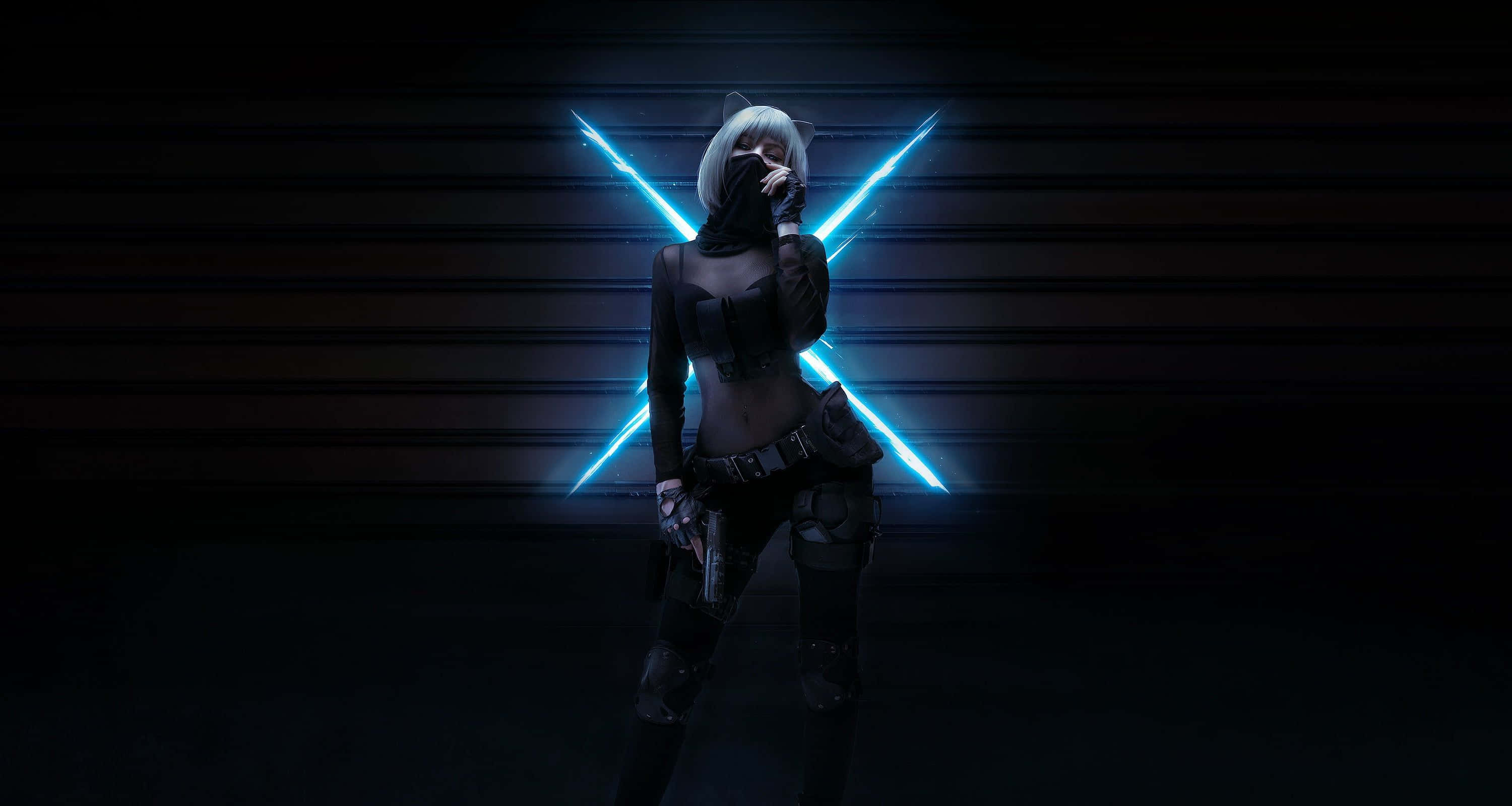 Dark Cyberpunk, anime-style female warrior, dark tactical gear, 2K Desktop Wallpaper