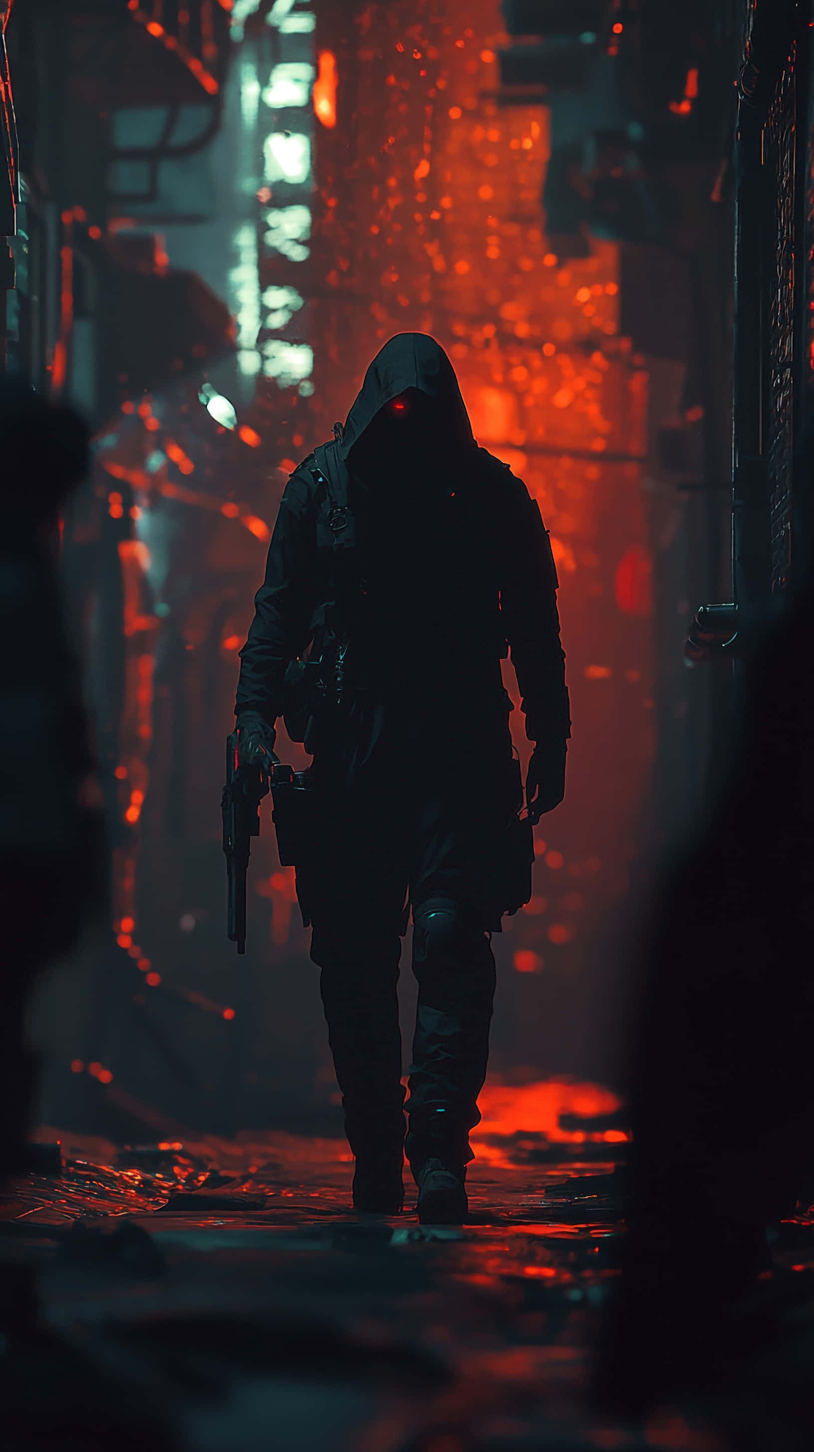 cyberpunk assassin, hooded figure, glowing red eyes, 2K Phone Wallpaper