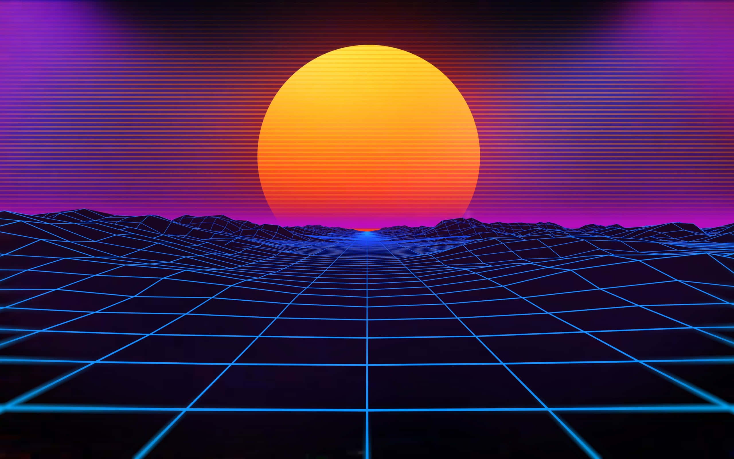 Dark Cyberpunk, orange sun, blue grid landscape, 2K Desktop Wallpaper