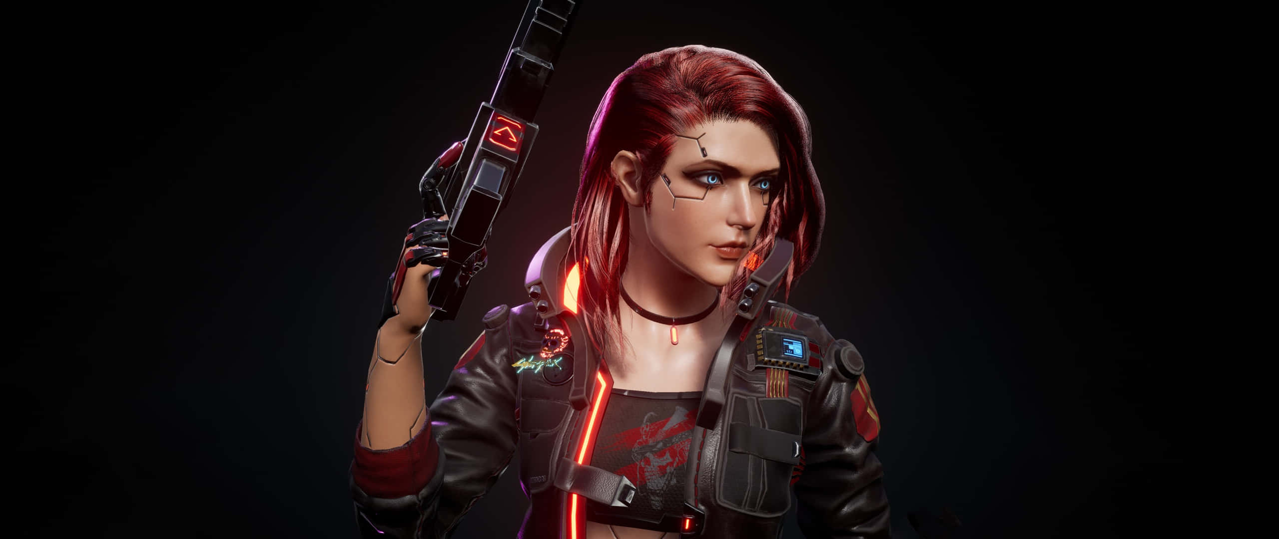 cyberpunk woman, red hair, glowing cybernetics, 2K Desktop Wallpaper
