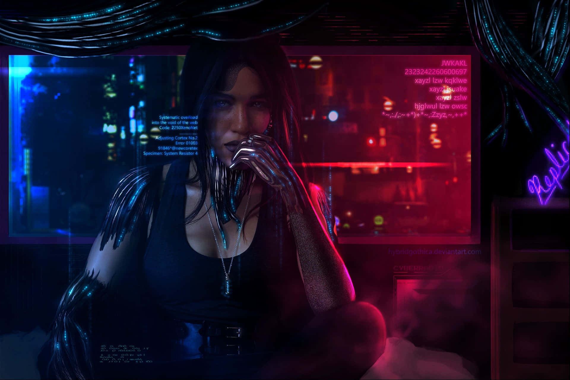 cyberpunk woman, glowing cybernetic arms, neon-drenched room, Full HD Desktop Wallpaper