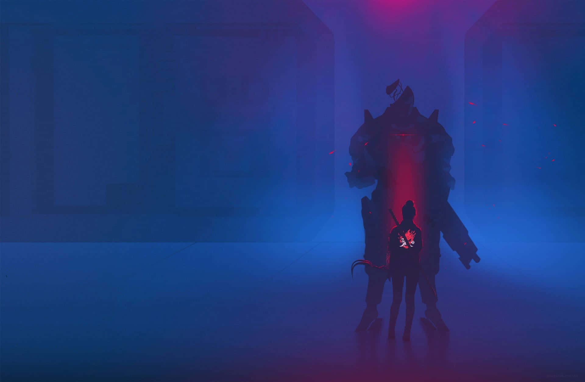 Dark Cyberpunk, glowing emblem, towering armored silhouette, Full HD Desktop Wallpaper