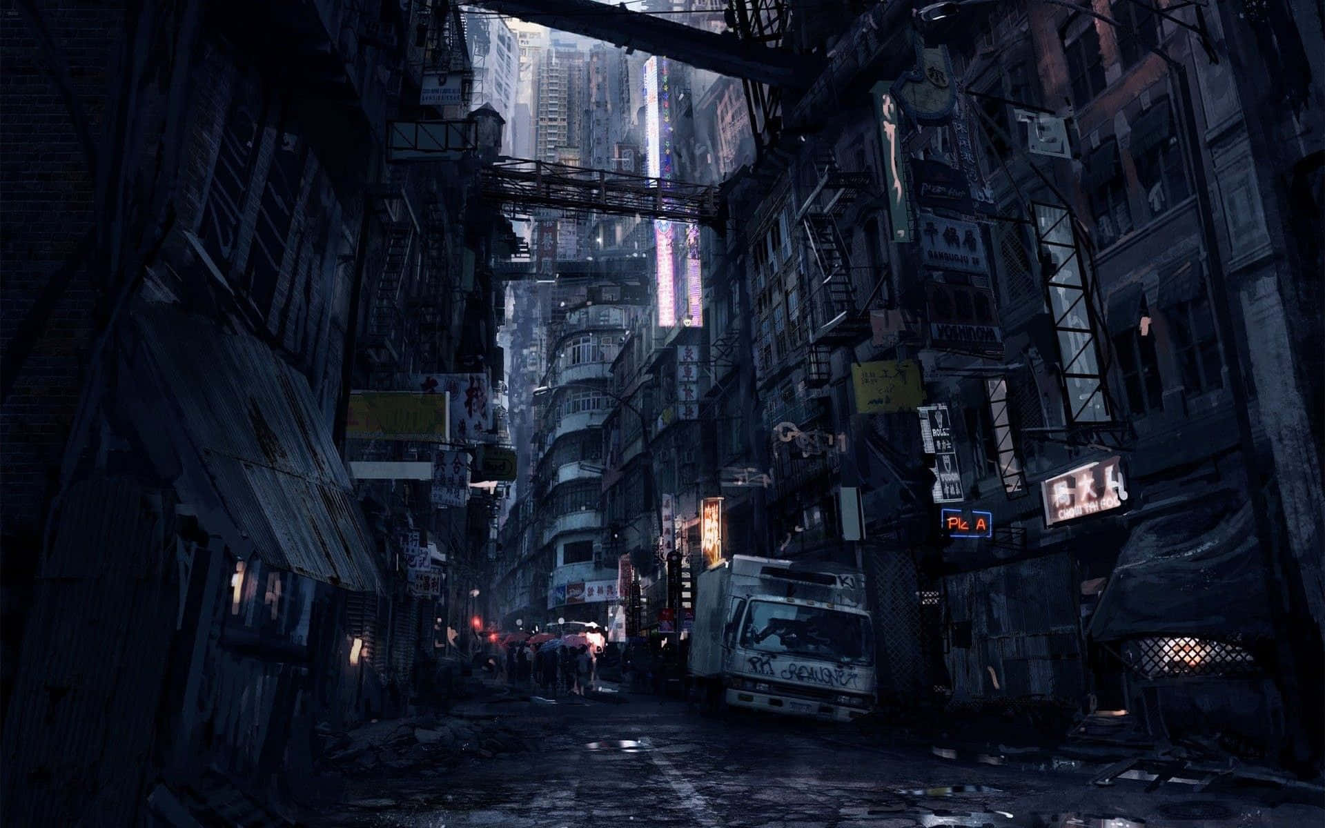 dark cyberpunk, rain-slicked alleyway, dystopian city, Full HD Desktop Wallpaper