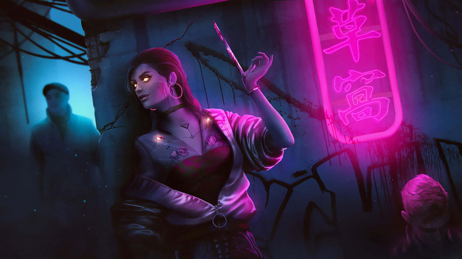 cyberpunk woman, glowing eyes, tattoos, Full HD Desktop Wallpaper
