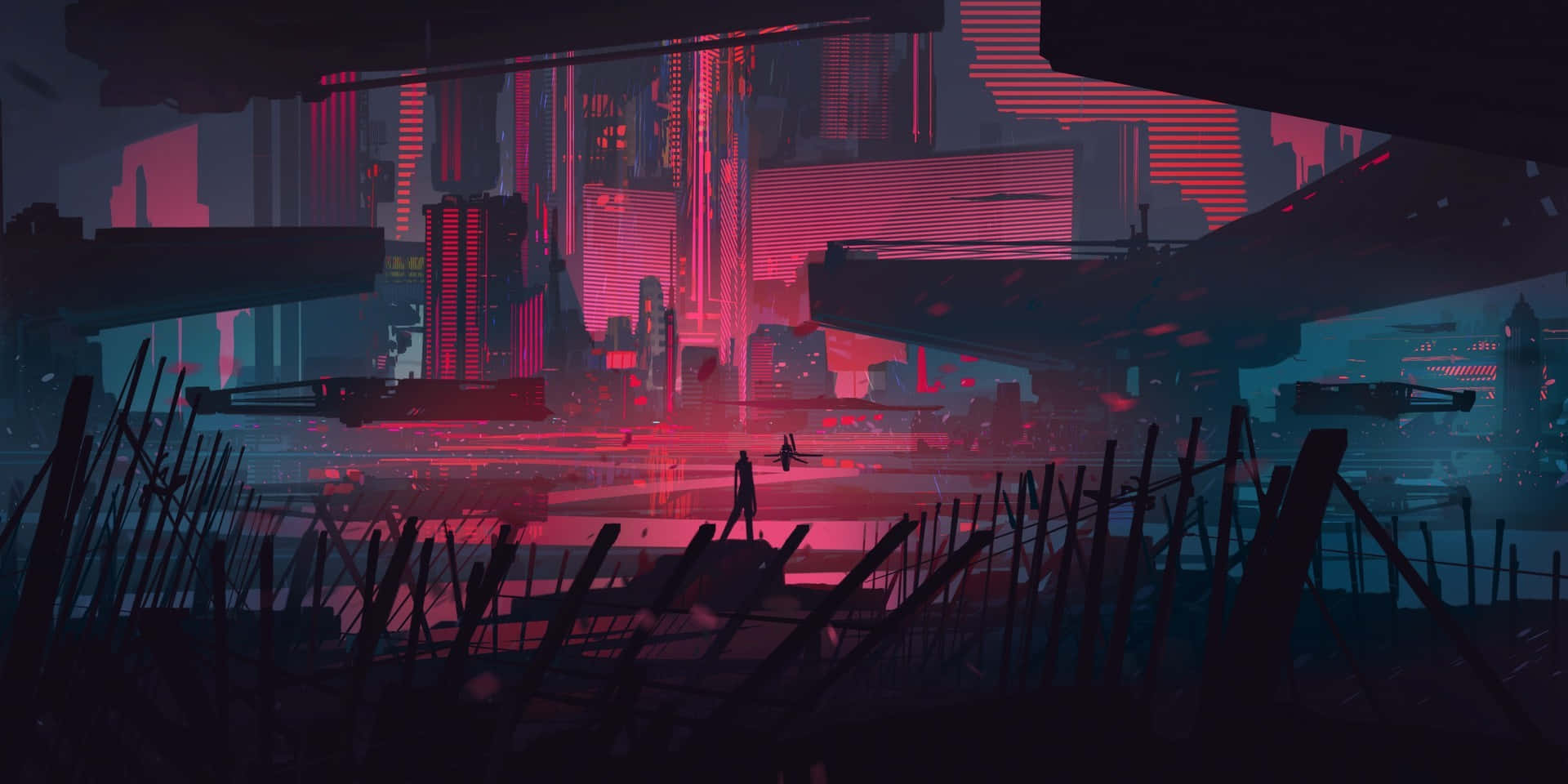 Dark Cyberpunk, neon-drenched cyberpunk cityscape, glowing pink and blue skyscrapers, Full HD Desktop Wallpaper