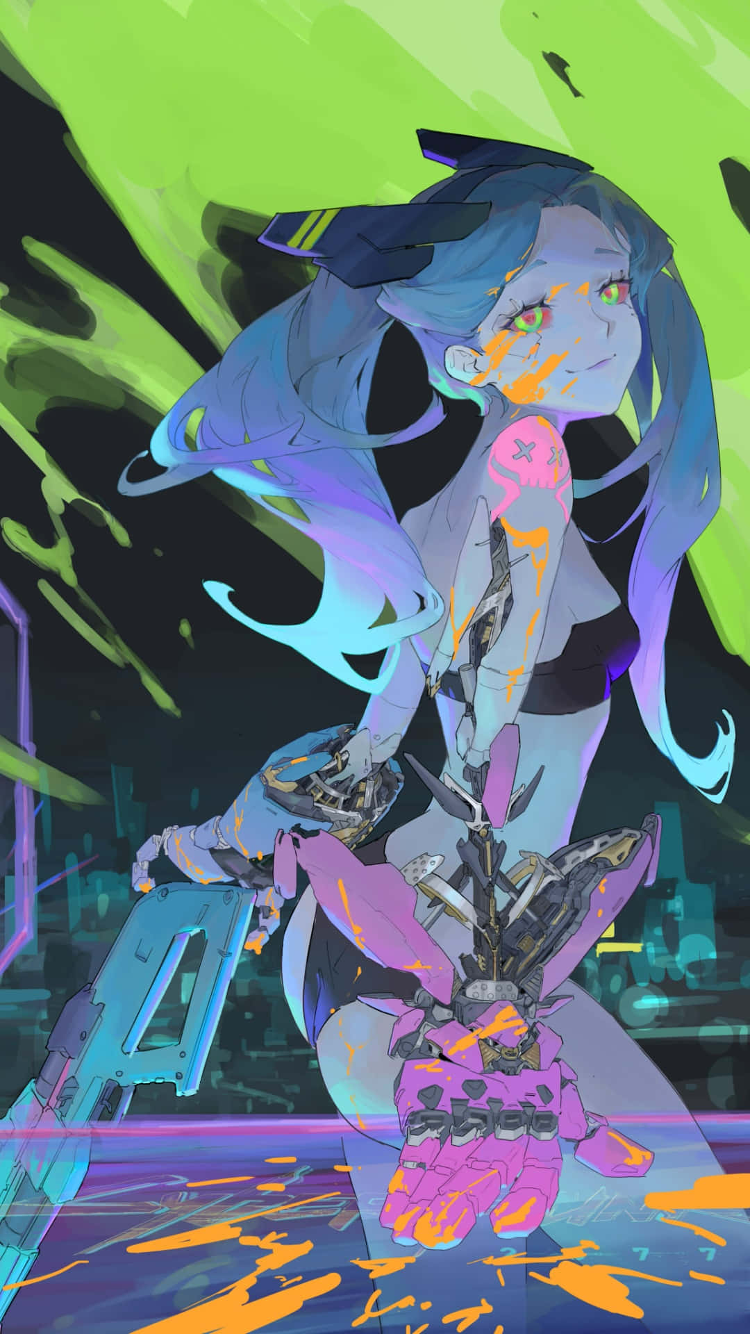 cyberpunk anime girl, glowing green eyes, blue hair, Full HD Phone Wallpaper