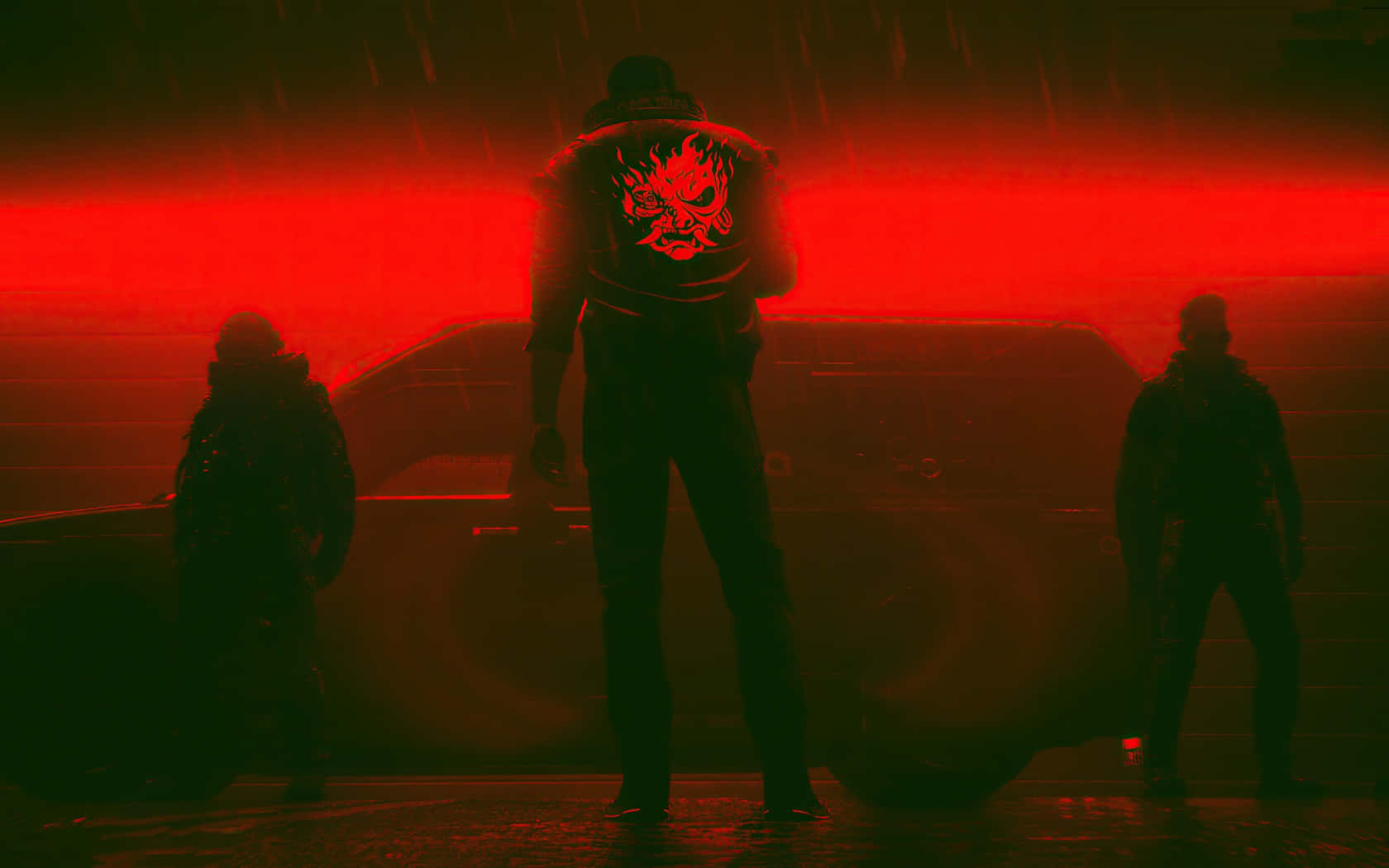 Dark Cyberpunk, red light, rain-soaked scene, HD Desktop Wallpaper