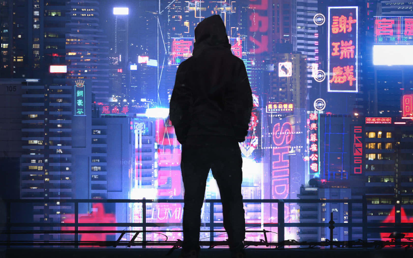 Dark Cyberpunk, rooftop, neon-lit cityscape, HD Desktop Wallpaper