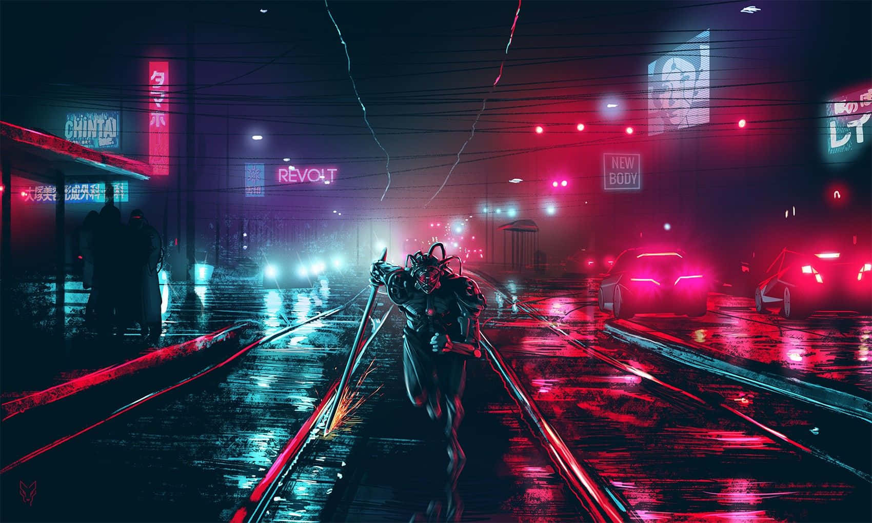 Dark Cyberpunk, neon-drenched rain-soaked streets, glowing signs, HD Desktop Wallpaper