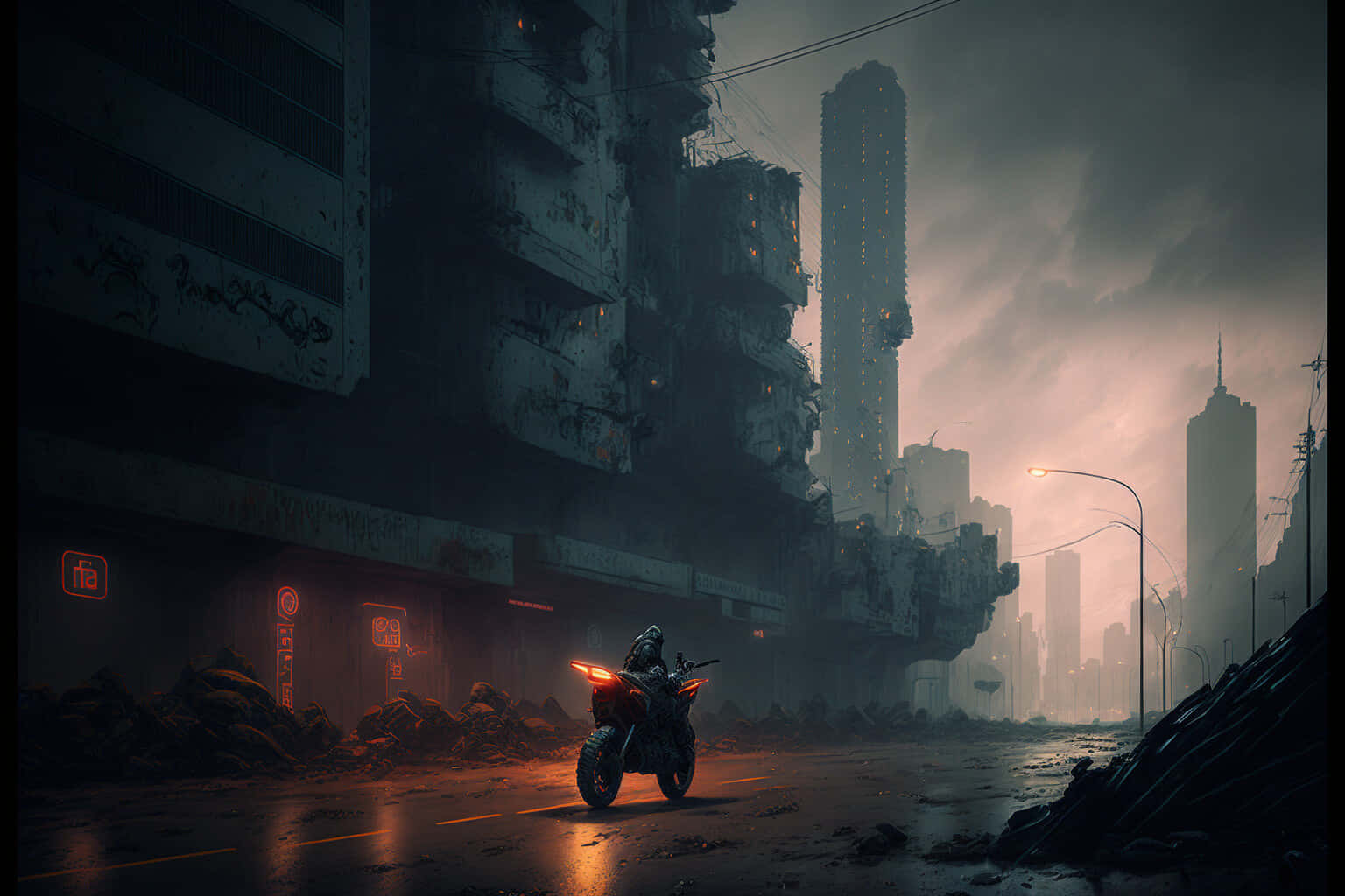 Dark Cyberpunk, glowing motorcycle, rain-slicked dystopian city street, HD Desktop Wallpaper