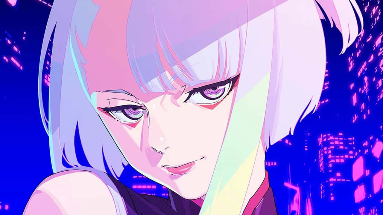 cyberpunk anime girl, pastel hair, glowing eyes, HD Desktop Wallpaper