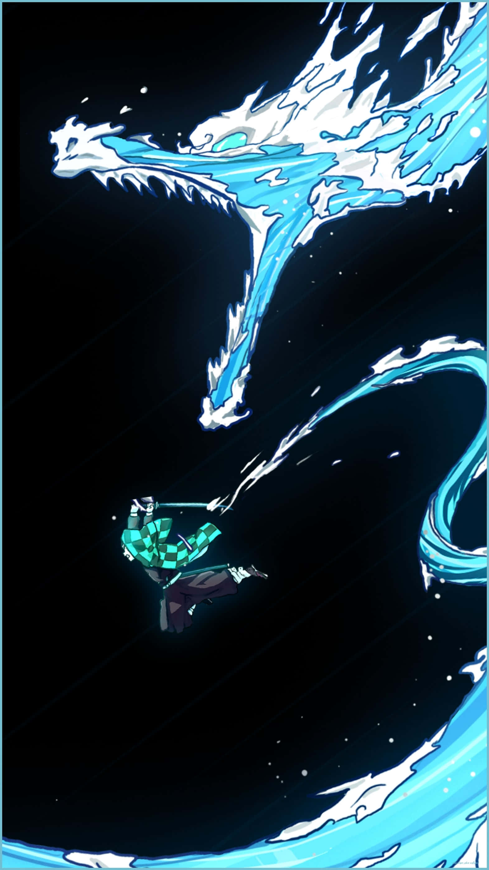 Dark Demon Slayer, ninja, glowing blue water sword, 2K Phone Wallpaper