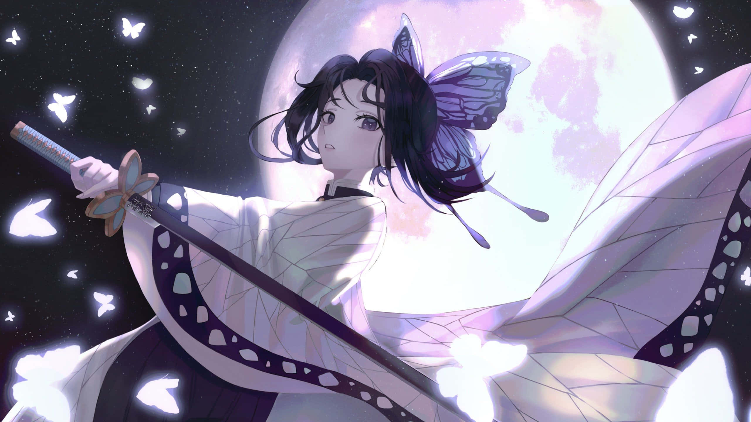 Dark Demon Slayer, butterfly wings, katana, 2K Desktop Wallpaper