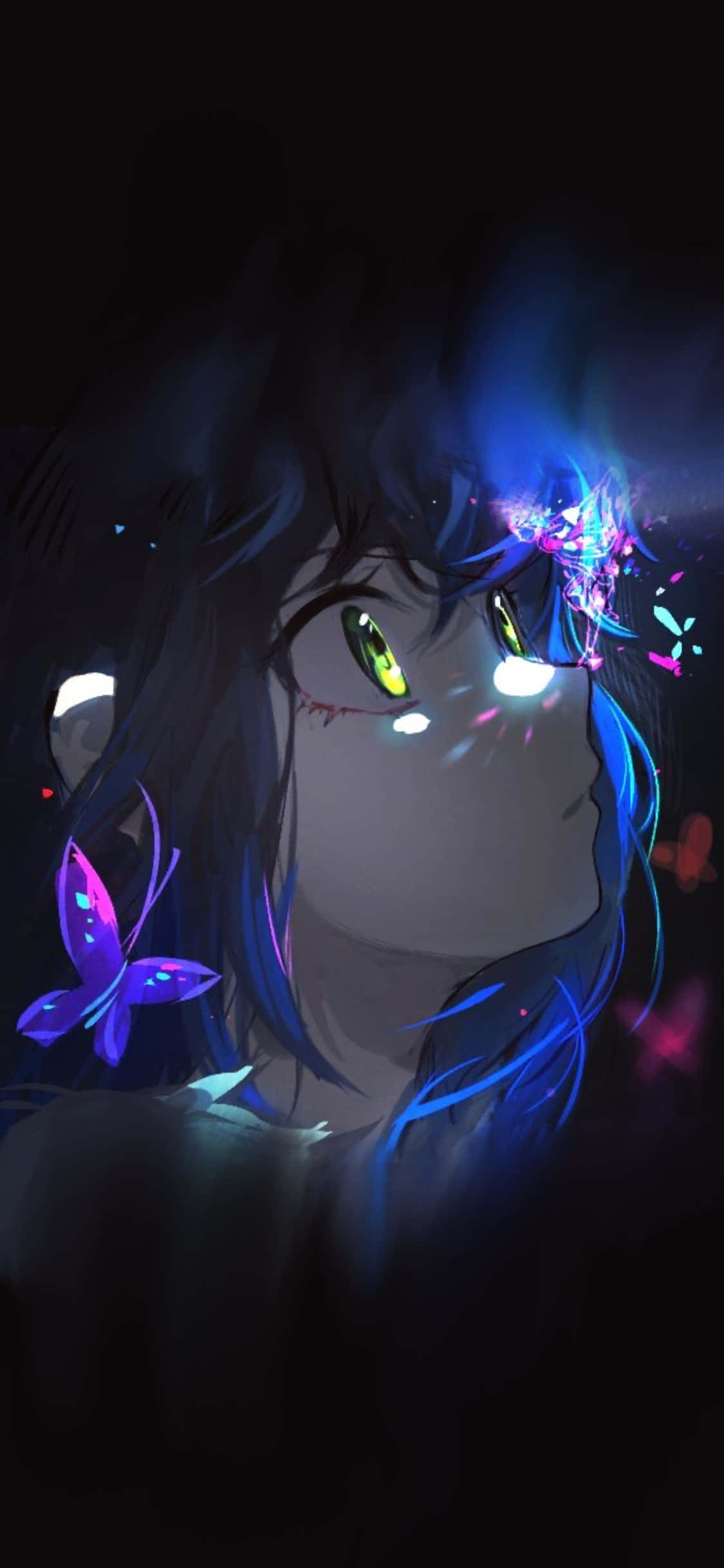 Dark Demon Slayer, blue hair, glowing green eyes, Full HD Phone Wallpaper