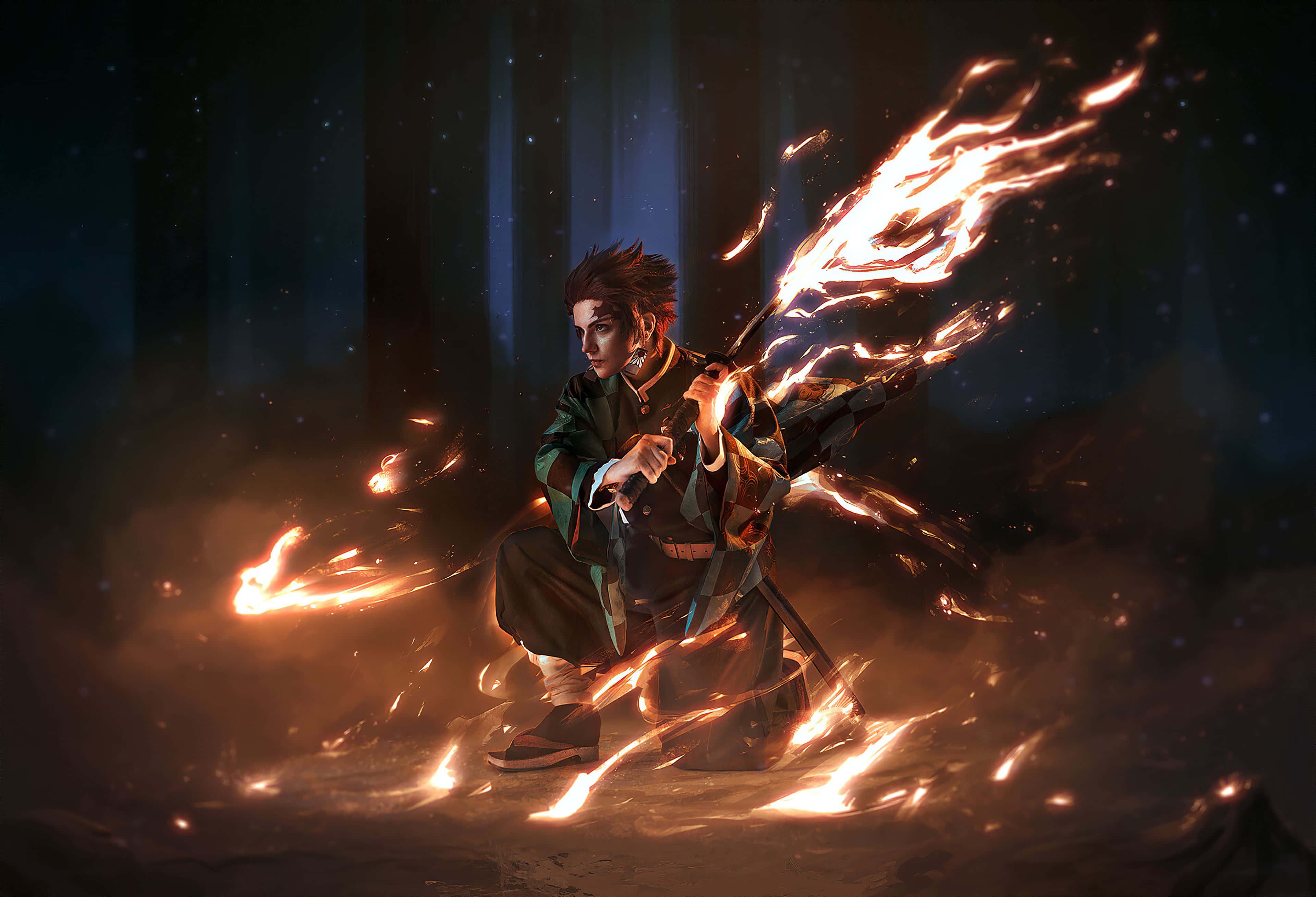 Dark Demon Slayer, flaming sword, dark forest, 4K Desktop Wallpaper