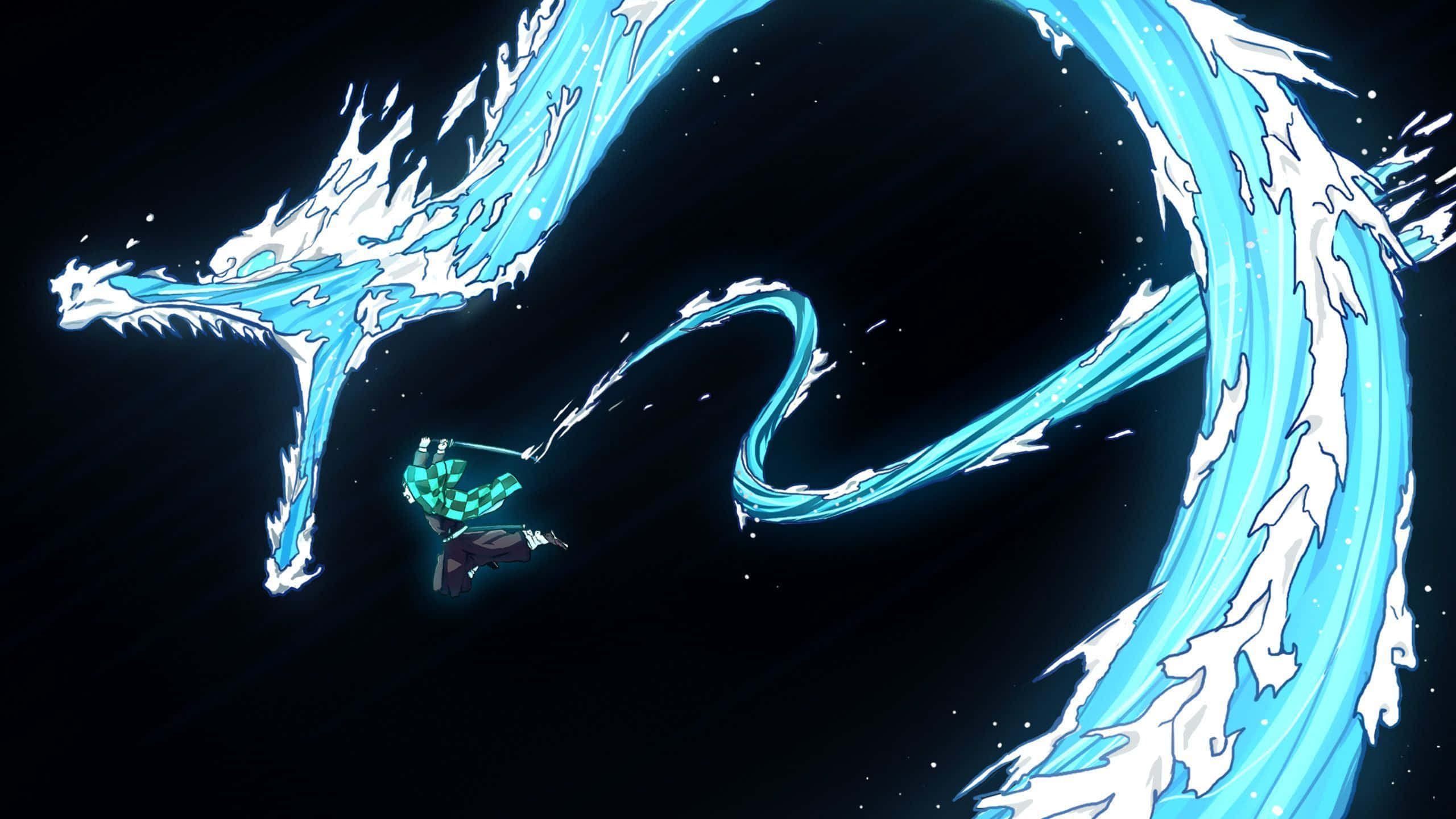 Dark Demon Slayer, glowing blue water dragon, starry night sky, 2K Desktop Wallpaper