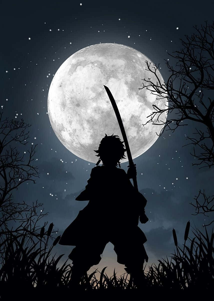 Dark Demon Slayer, glowing moon, bare trees, SD Phone Wallpaper