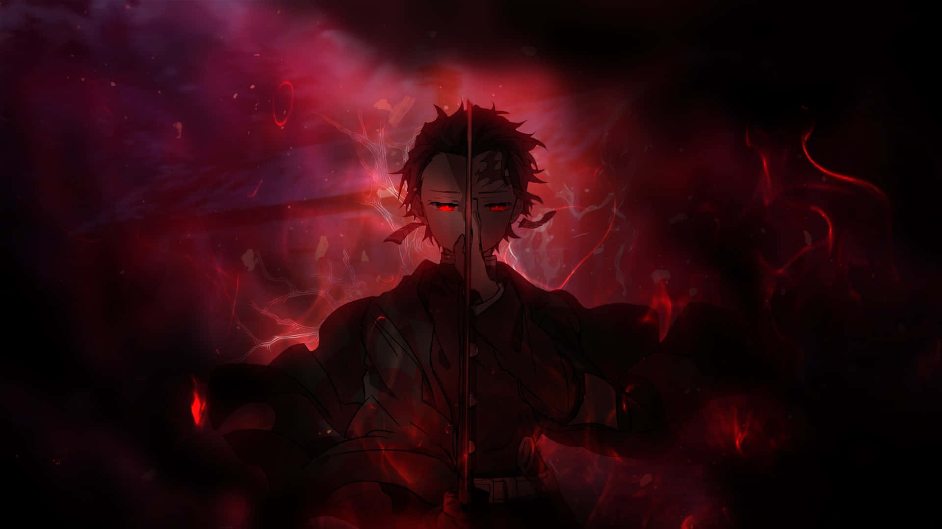 Dark Demon Slayer, dark-haired anime warrior, glowing red eyes, Full HD Desktop Wallpaper