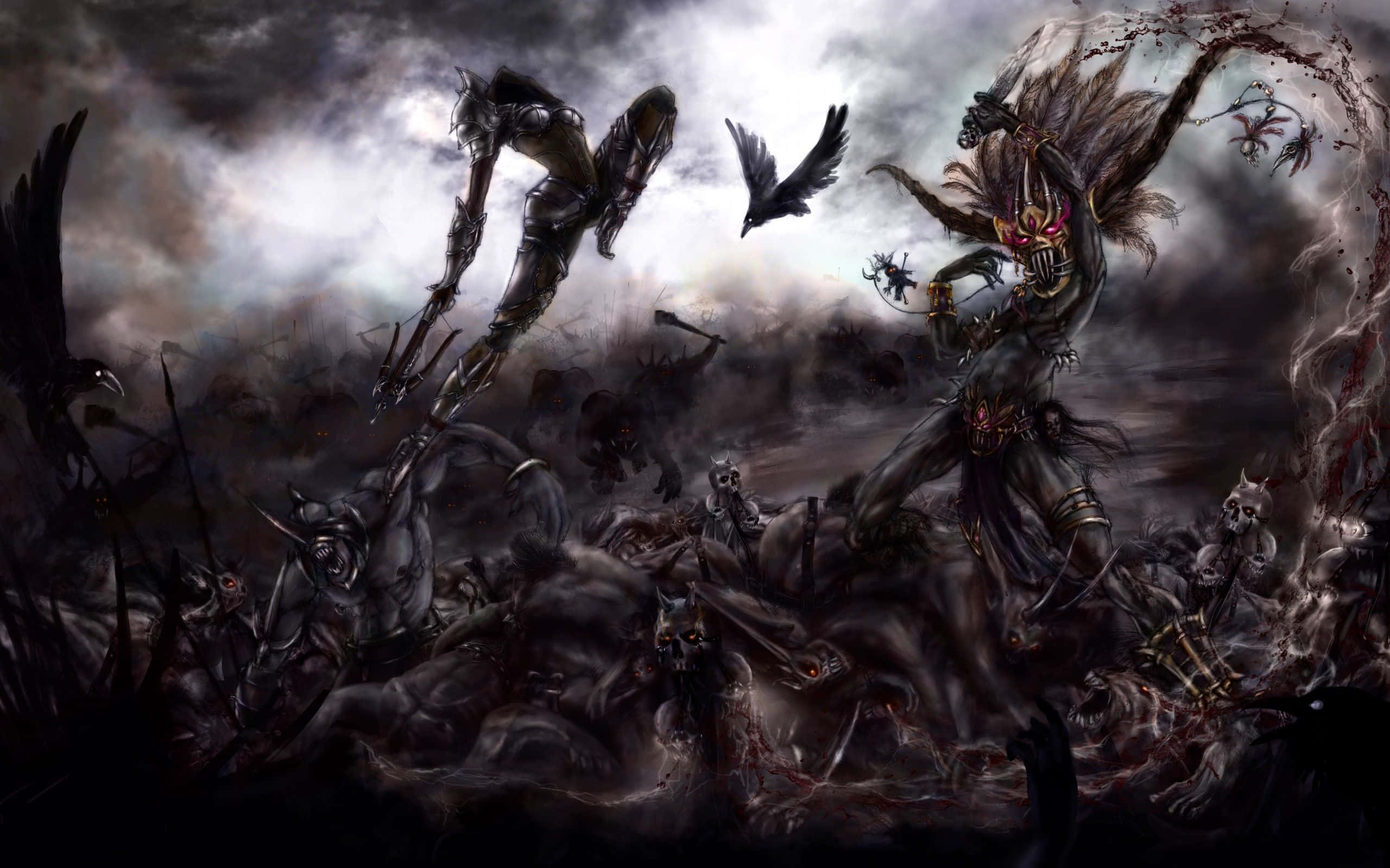 Dark Demon, stormy sky, armored warriors, 2K Desktop Wallpaper