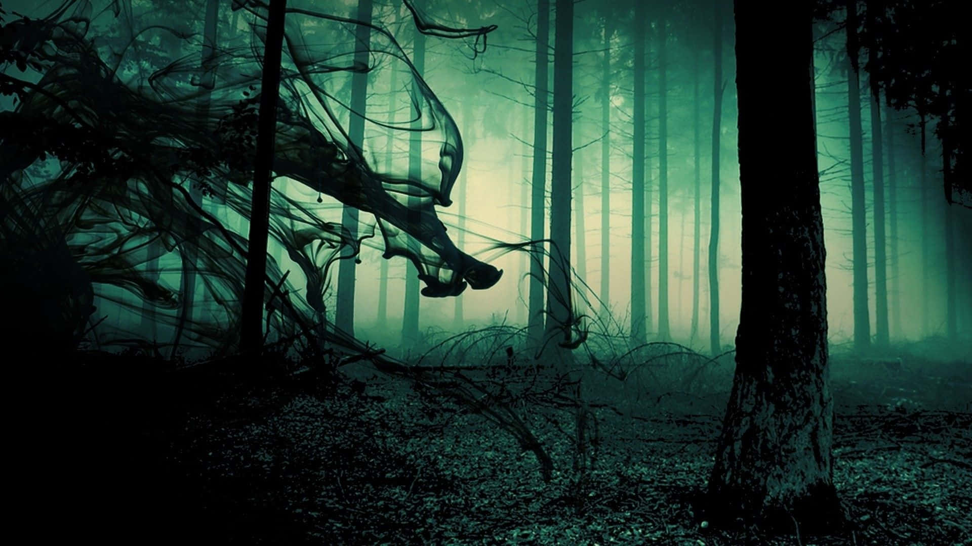 Dark Demon, teal mist, twisted gnarled trees, Full HD Desktop Wallpaper