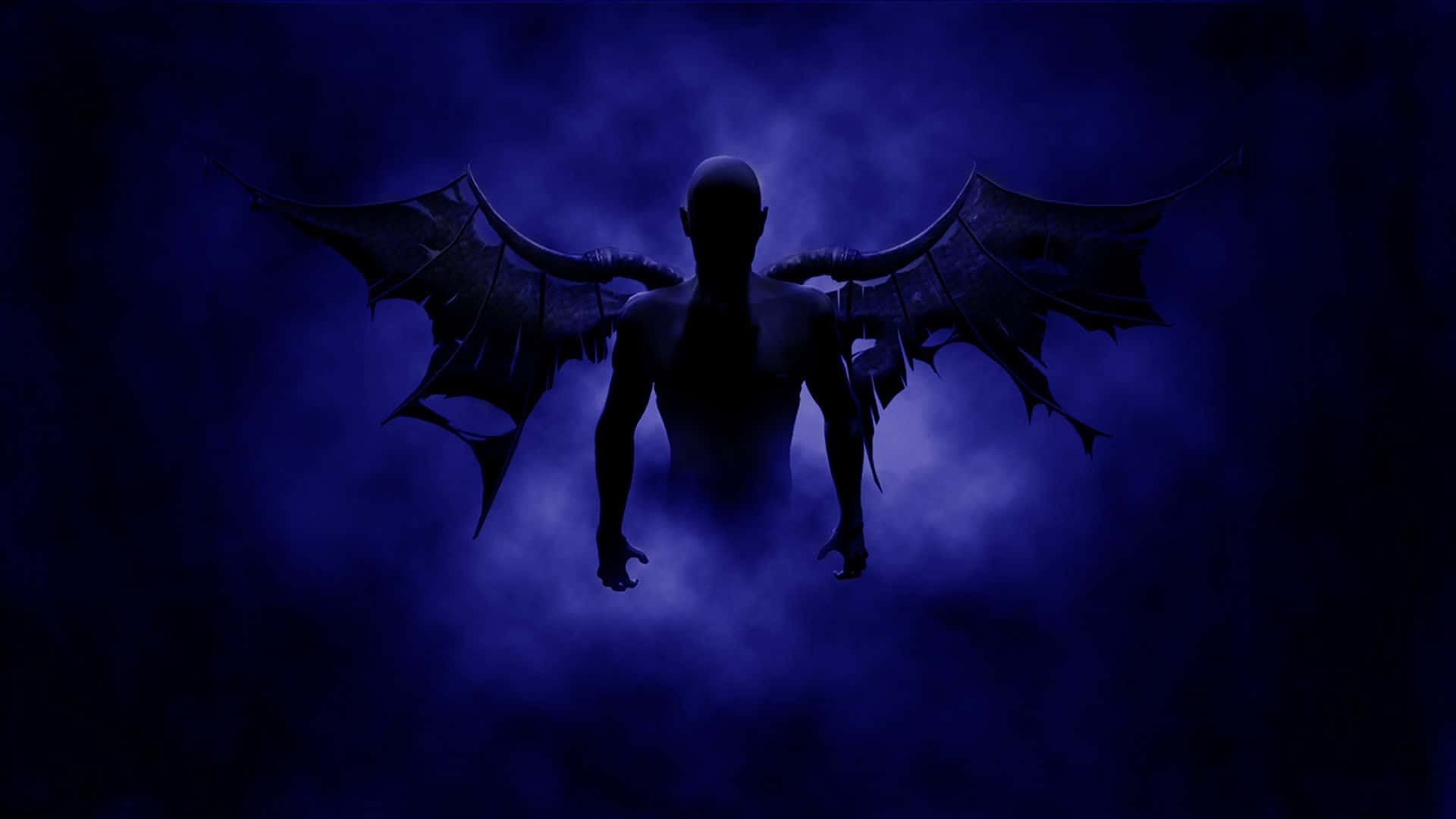 Dark Demon, dark-winged demonic silhouette, eerie blue smoke, Full HD Desktop Wallpaper