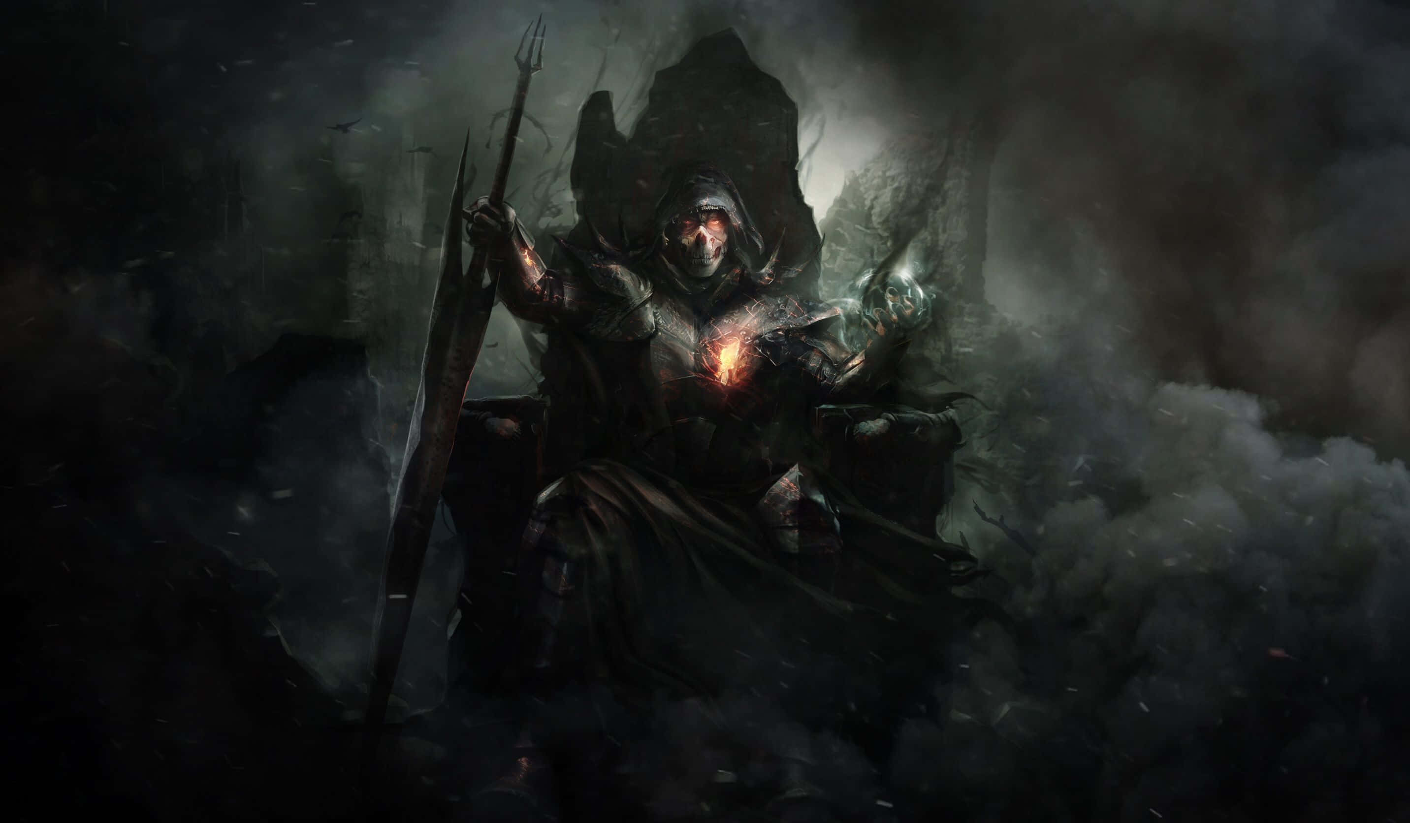 Dark Demon, hooded dark knight, glowing red eyes, 2K Desktop Wallpaper