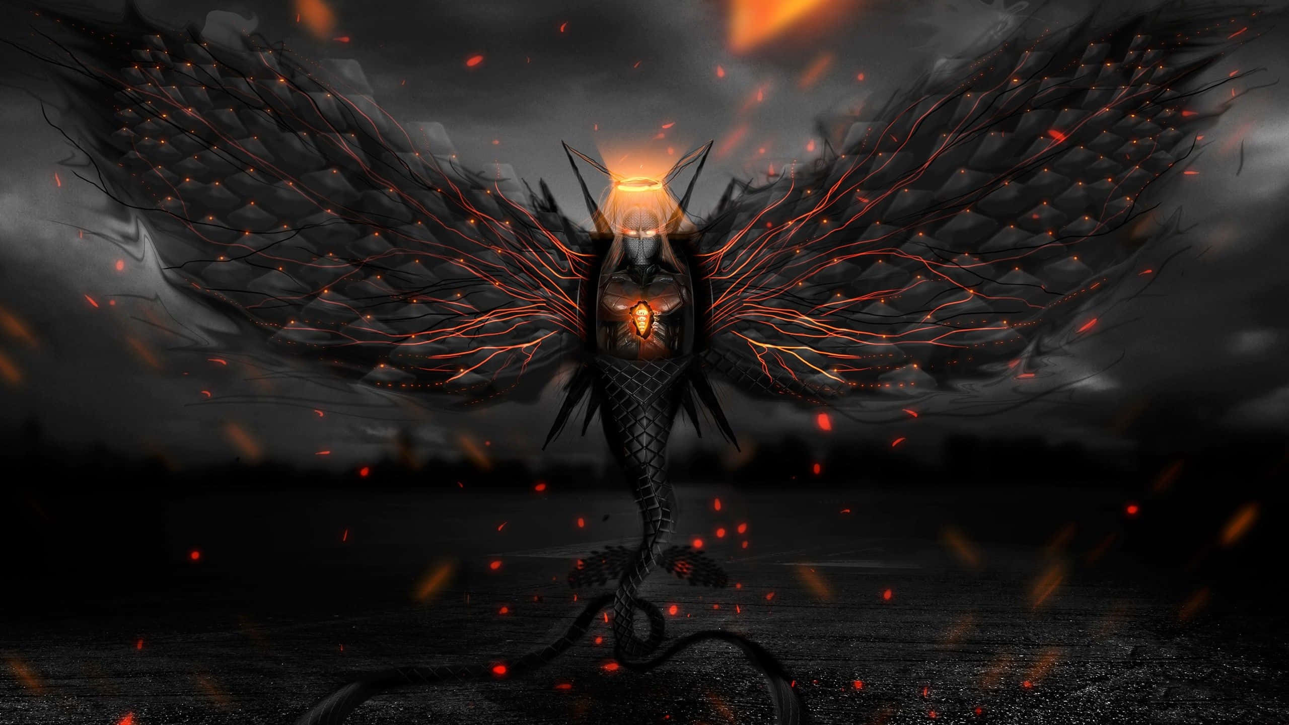 Dark Demon, dark-winged dragon, glowing orange veins, 2K Desktop Wallpaper