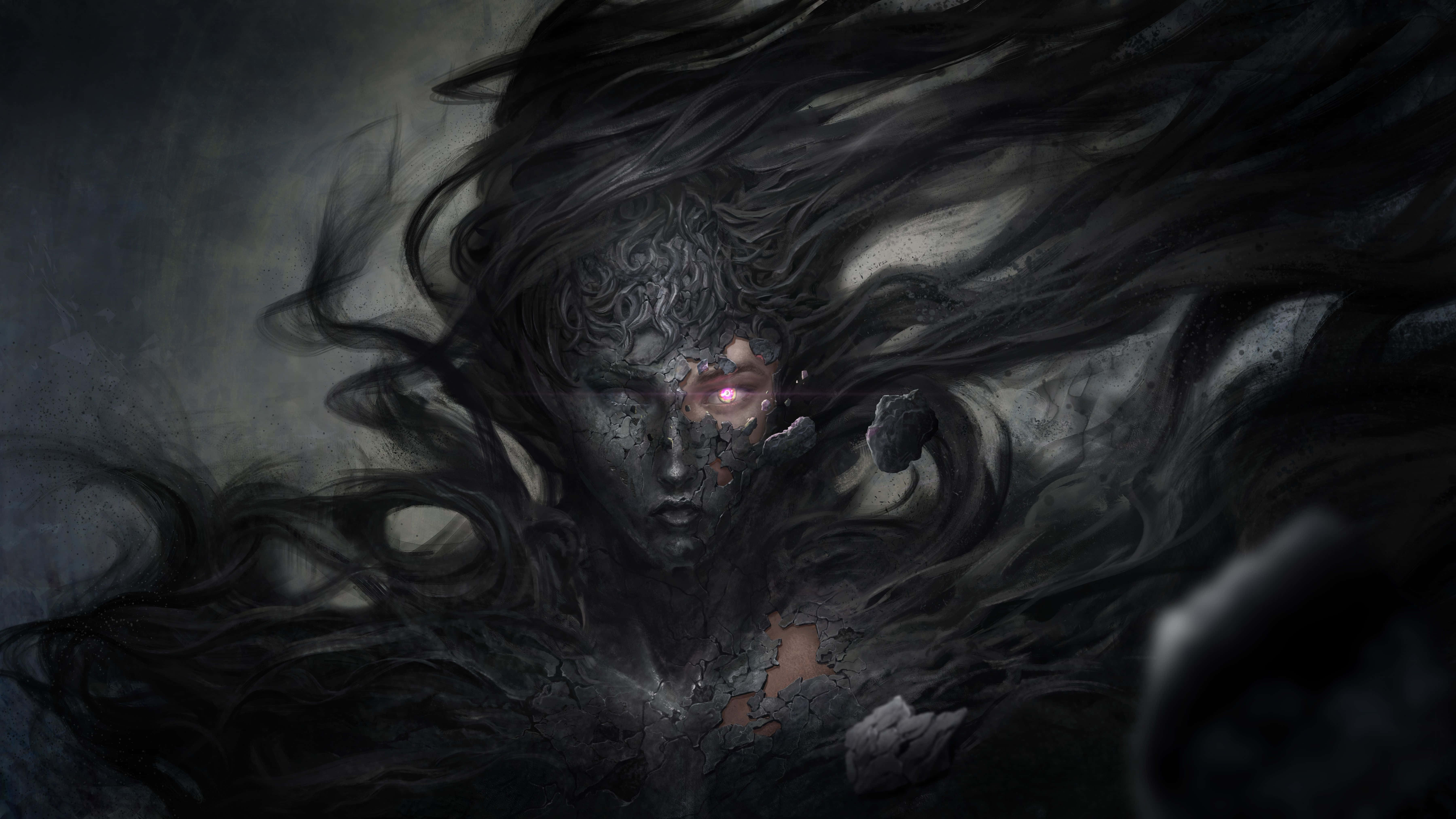 Dark Demon, glowing pink eye, swirling dark hair, 5K Desktop Wallpaper