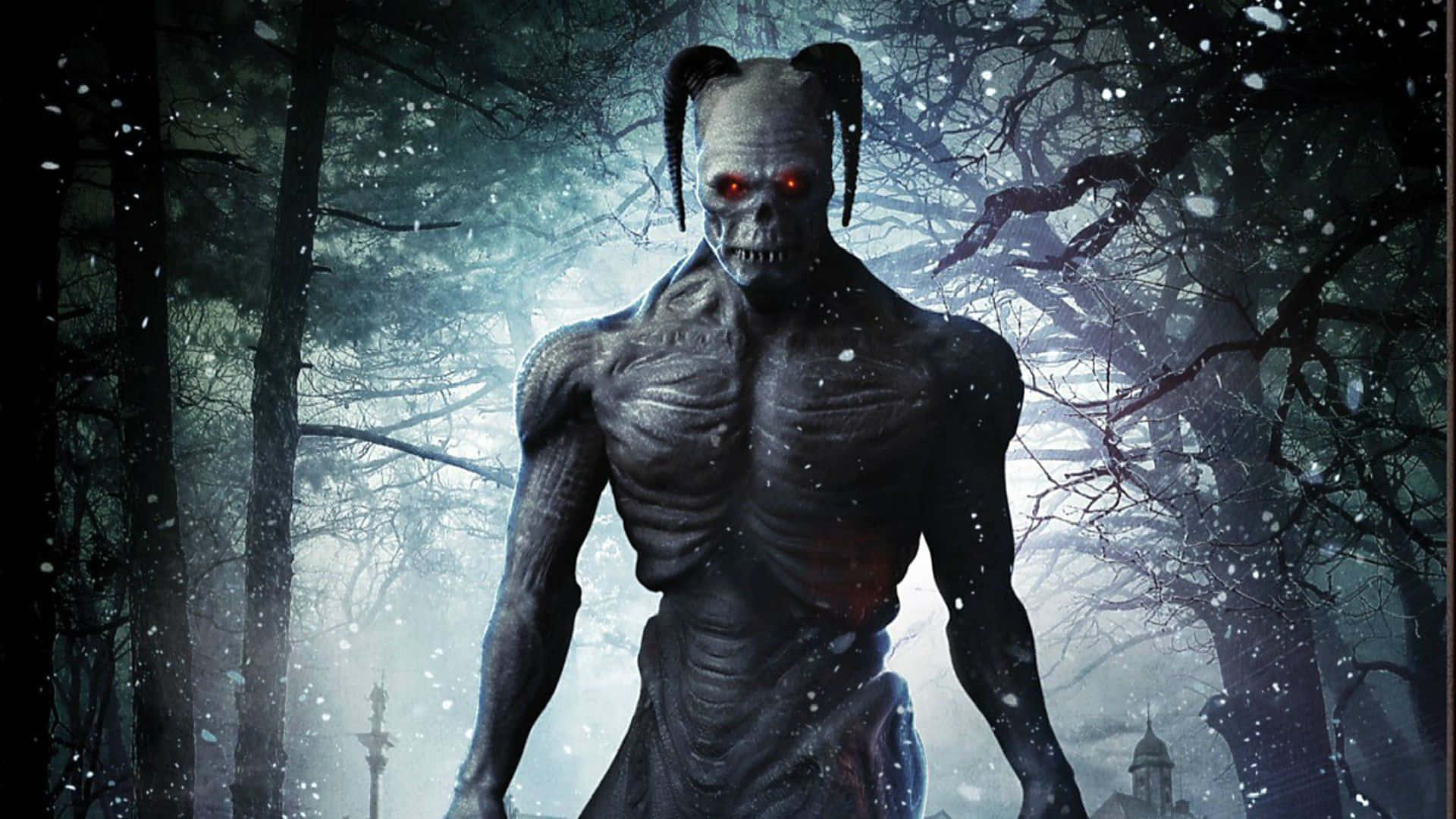 Dark Demon, glowing red eyes, snowfalling forest, Full HD Desktop Wallpaper