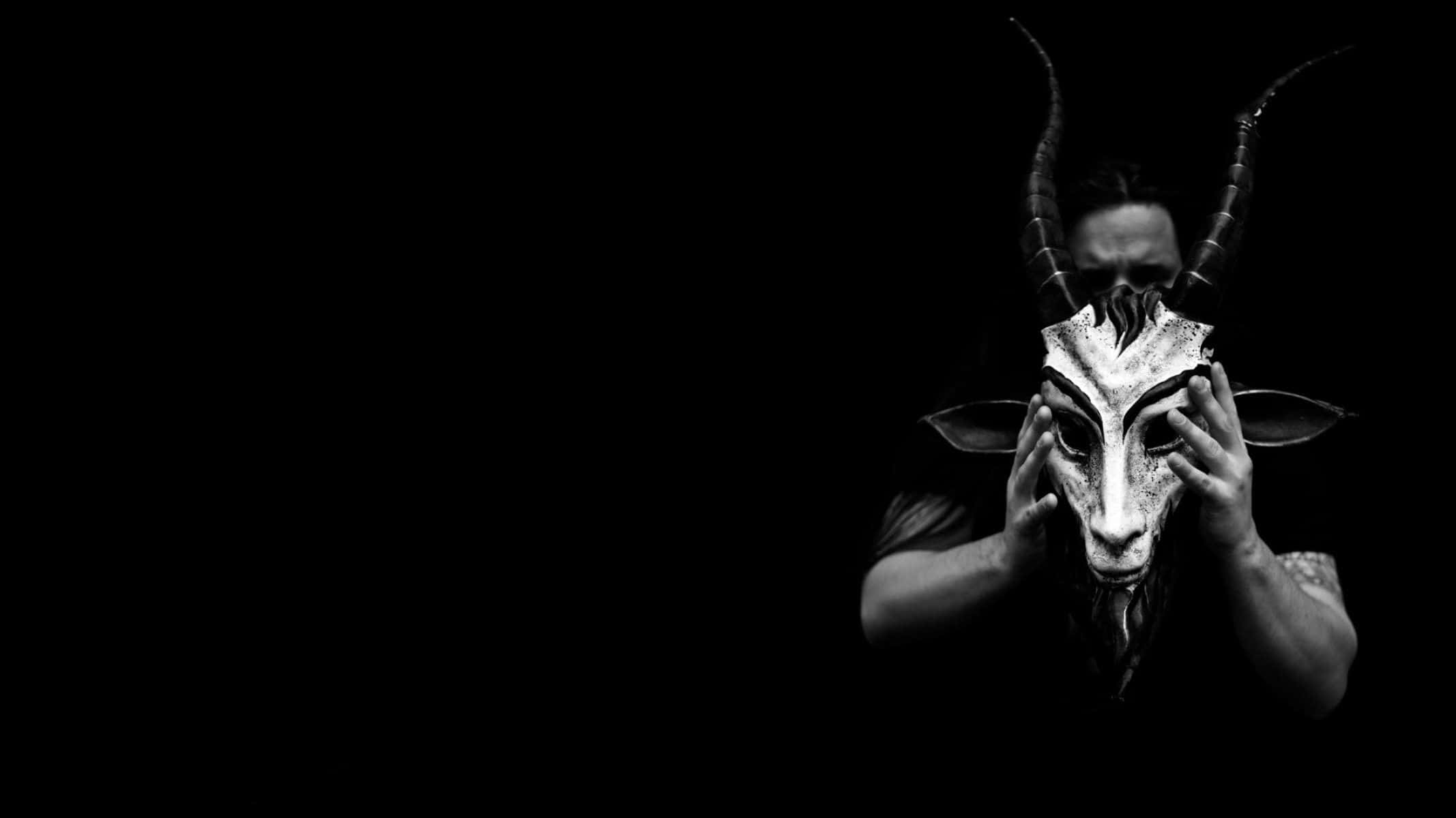 Dark Demon, goat skull mask, pitch black background, Full HD Desktop Wallpaper