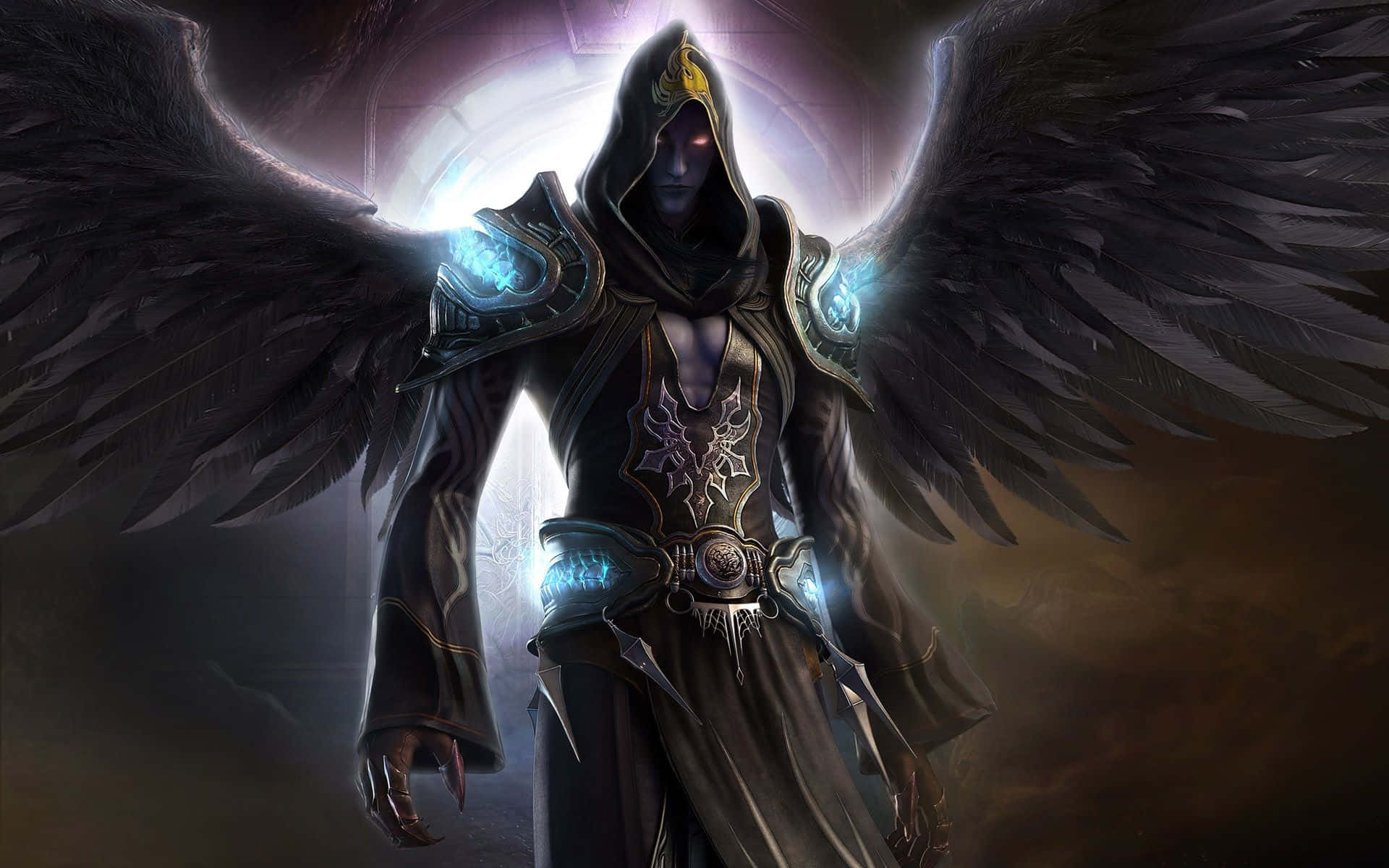 Dark Demon, glowing blue accents, hooded face, Full HD Desktop Wallpaper