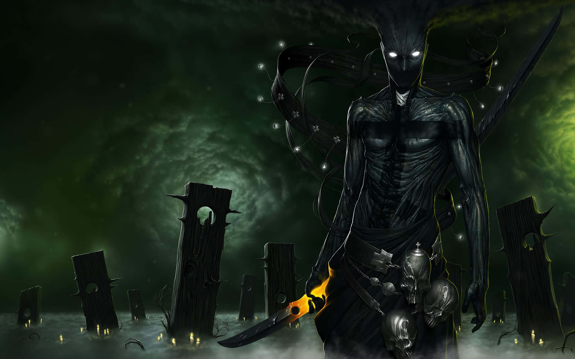 Dark Demon, glowing eyes, flowing black tendrils, Full HD Desktop Wallpaper