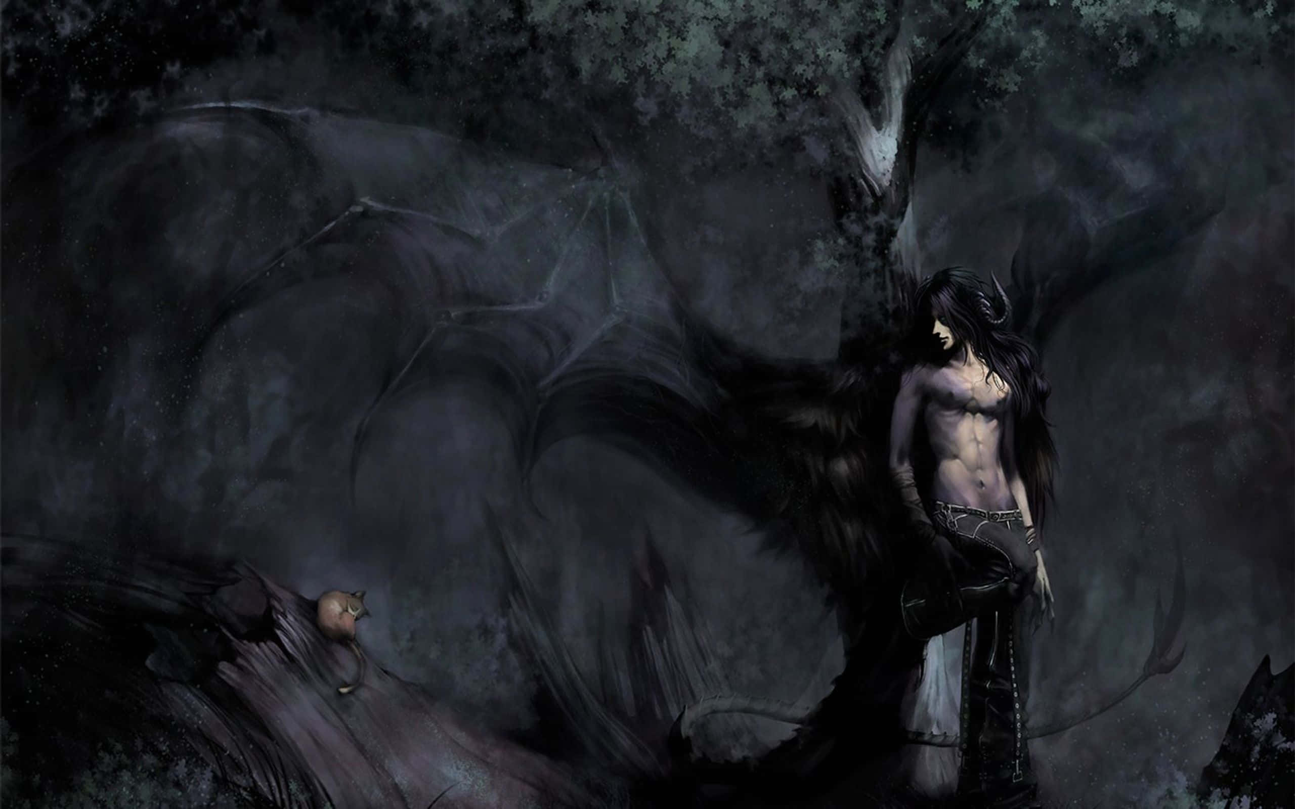 Dark Demon, gloomy forest, dark-winged humanoid, 2K Desktop Wallpaper