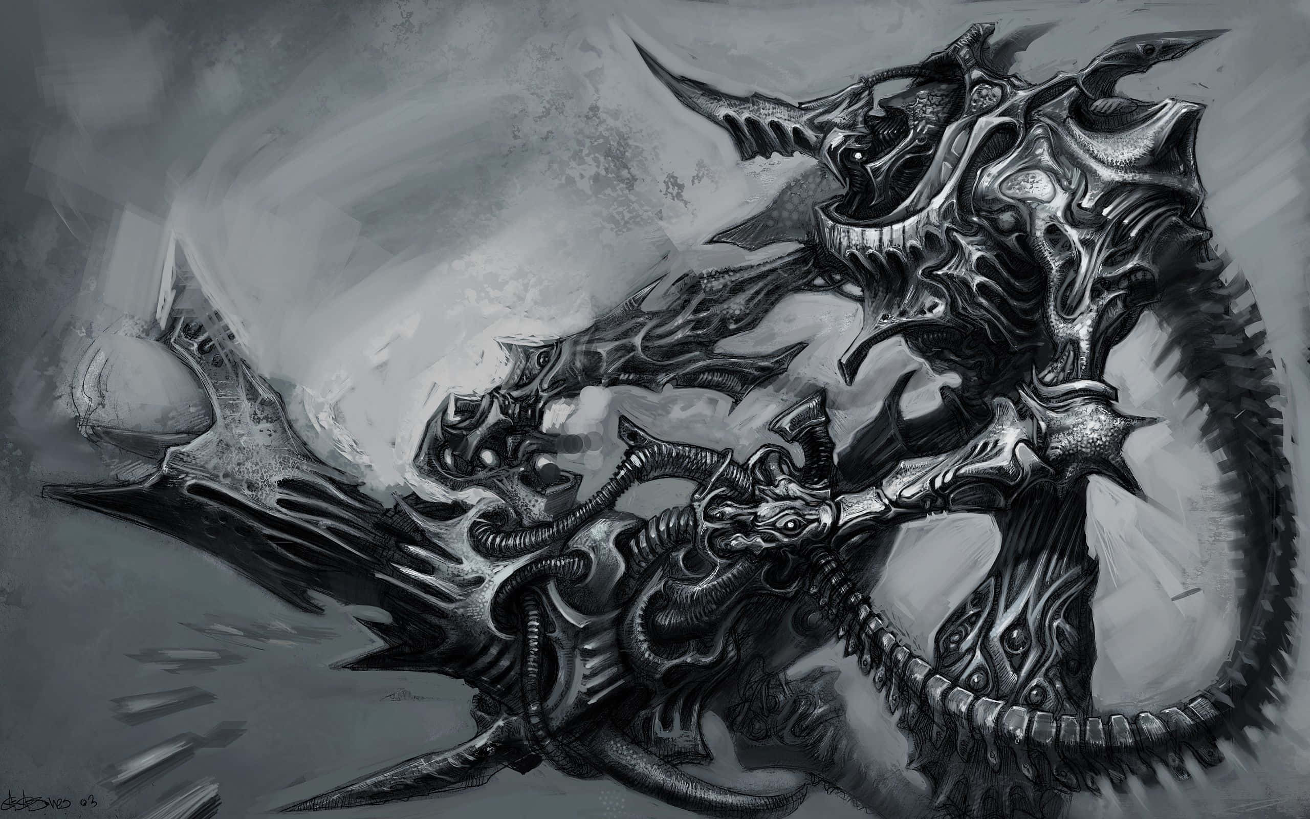 Dark Demon, biomechanical dragon, jagged metallic scales, 2K Desktop Wallpaper