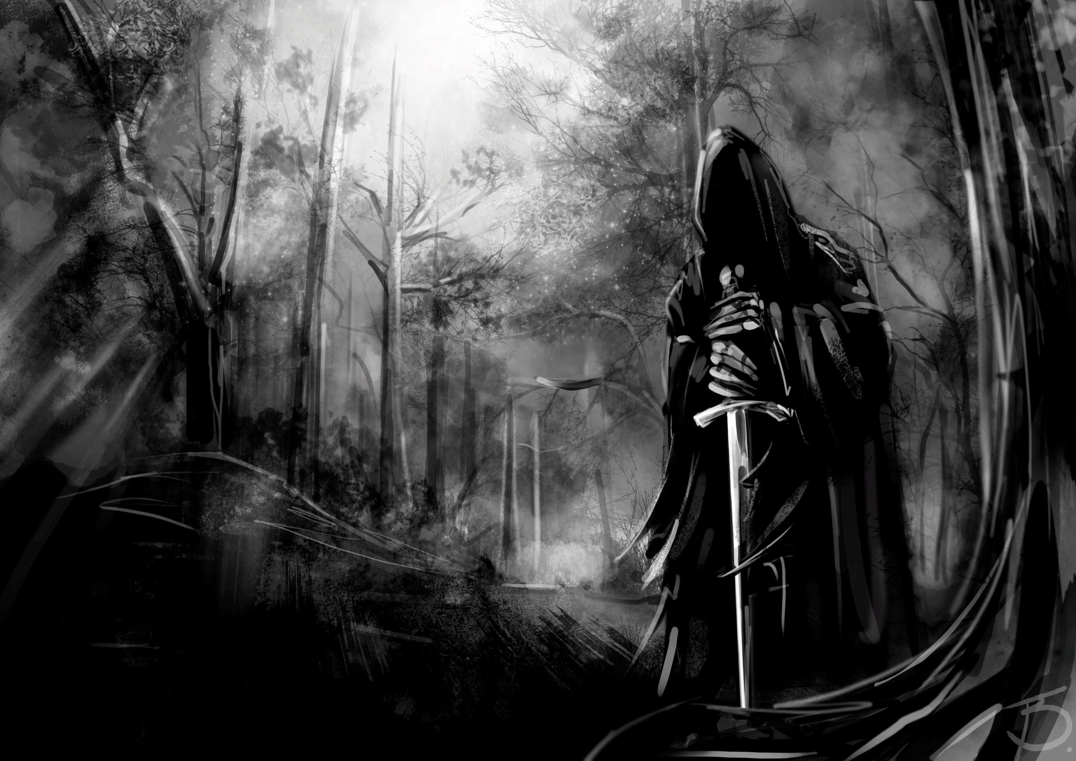 Dark Demon, hooded figure, sword, 2K Desktop Wallpaper
