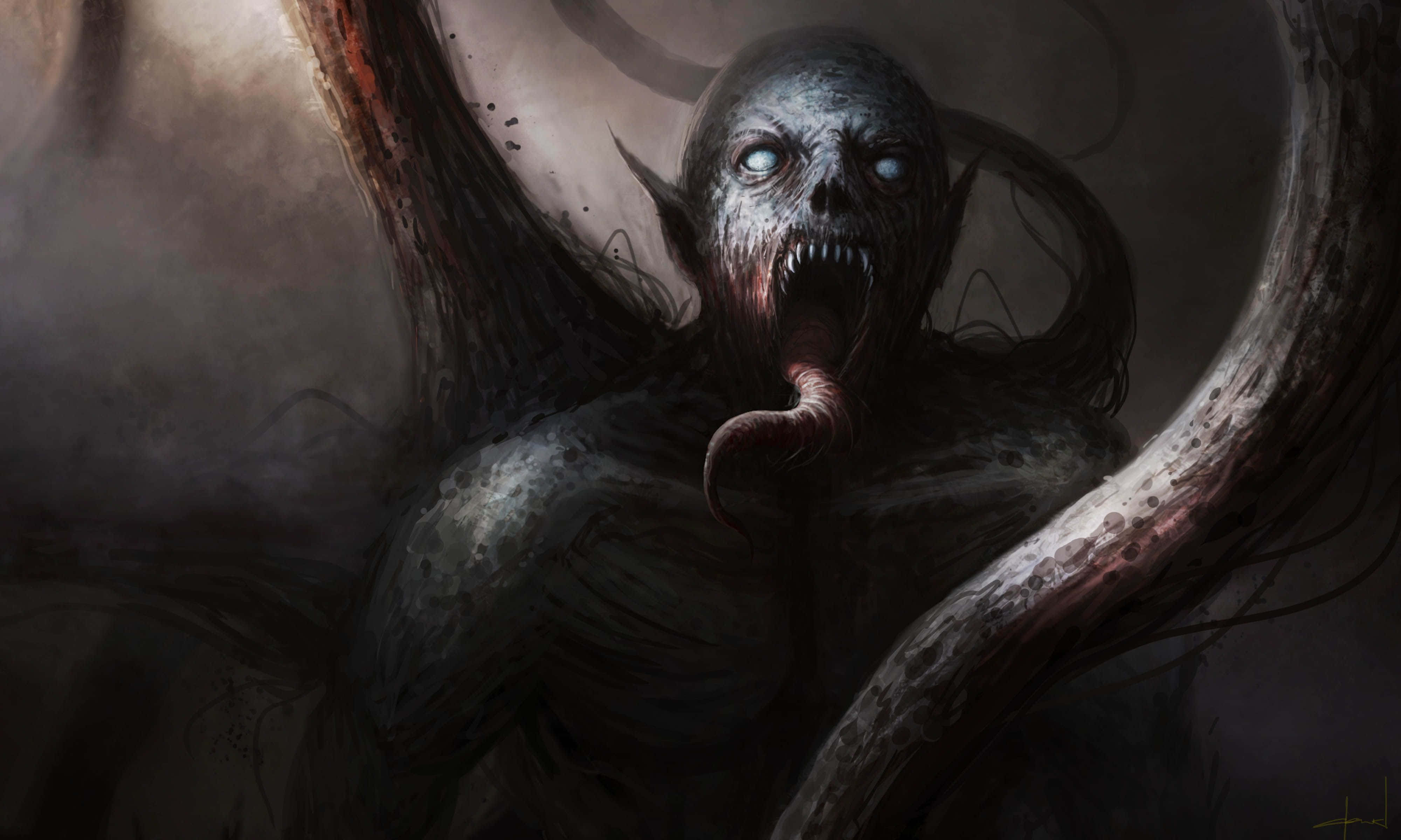 Dark Demon, glowing eyes, long tongue, 4K Desktop Wallpaper
