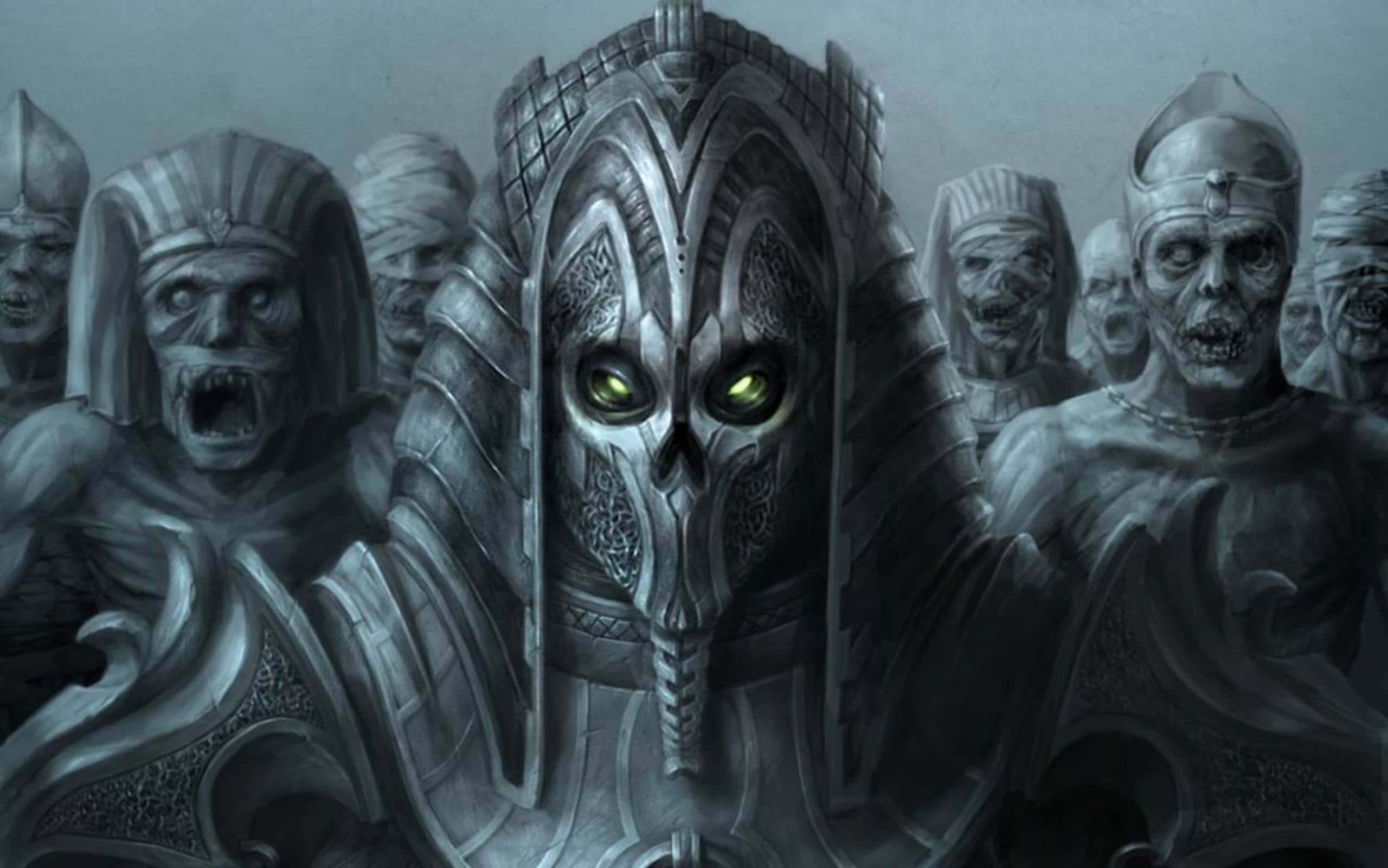 Dark Demon, glowing green eyes, grim reaper-like warriors, 2K Desktop Wallpaper