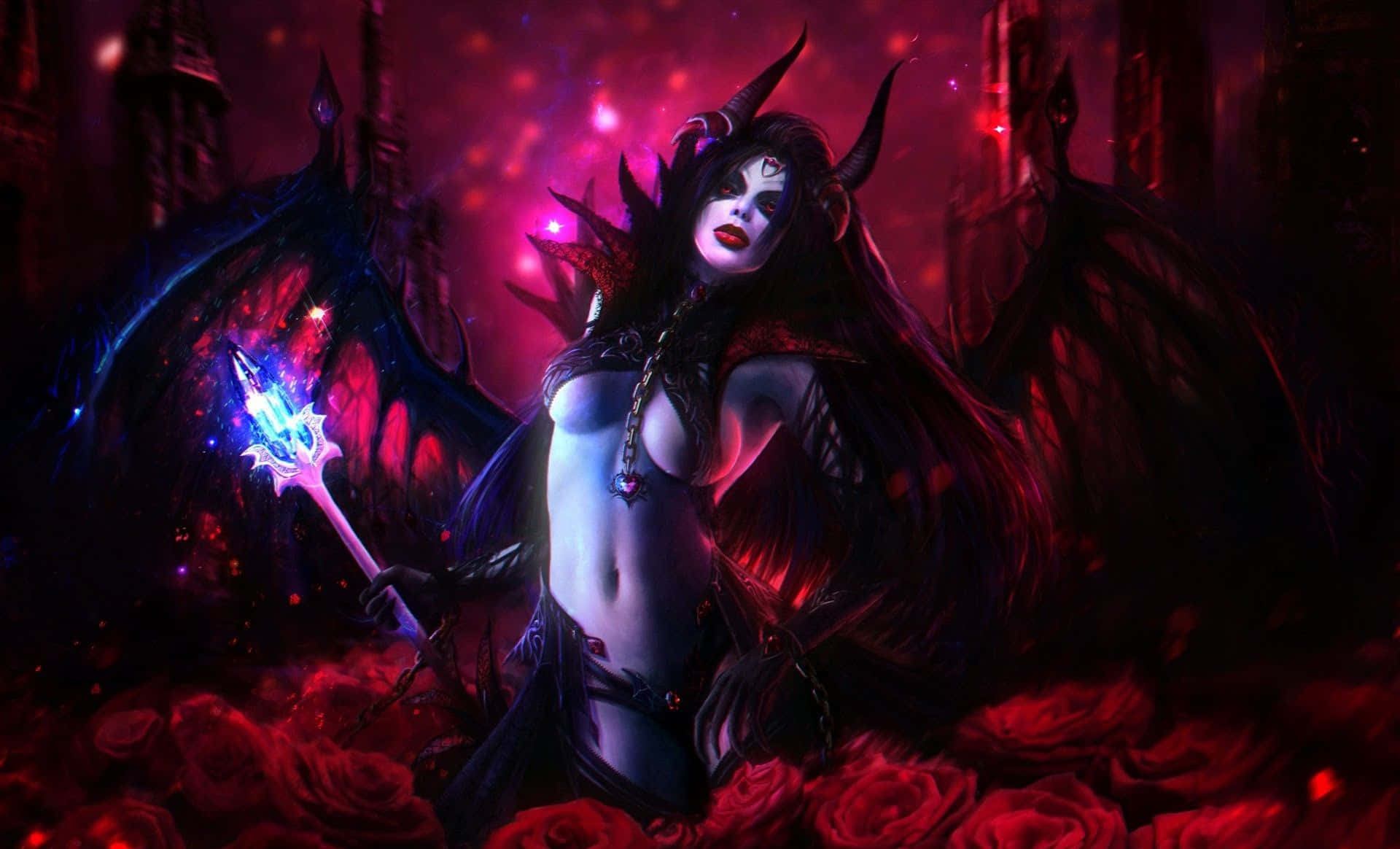 Dark Demon, glowing staff, red roses, Full HD Desktop Wallpaper