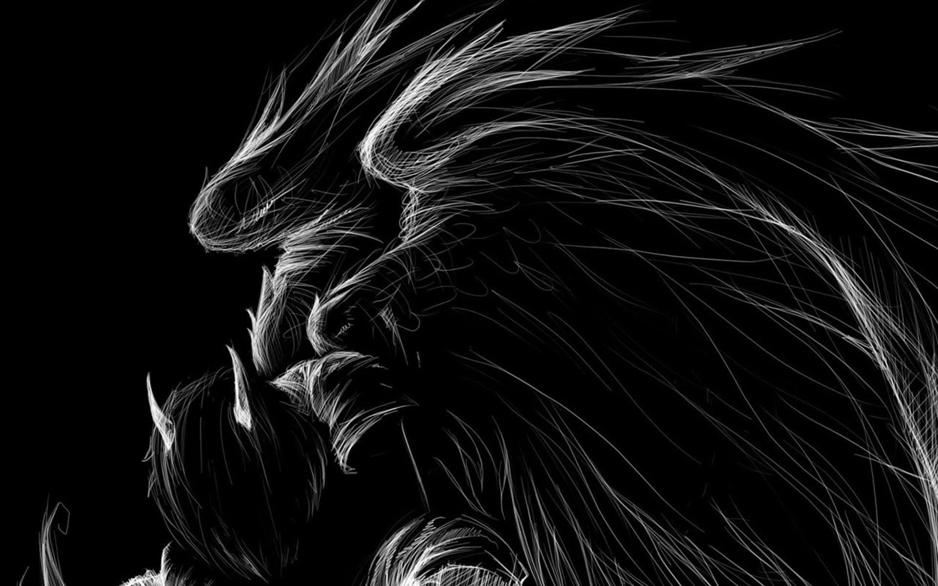 Dark Demon, black and white line art, monstrous dragon, Full HD Desktop Wallpaper
