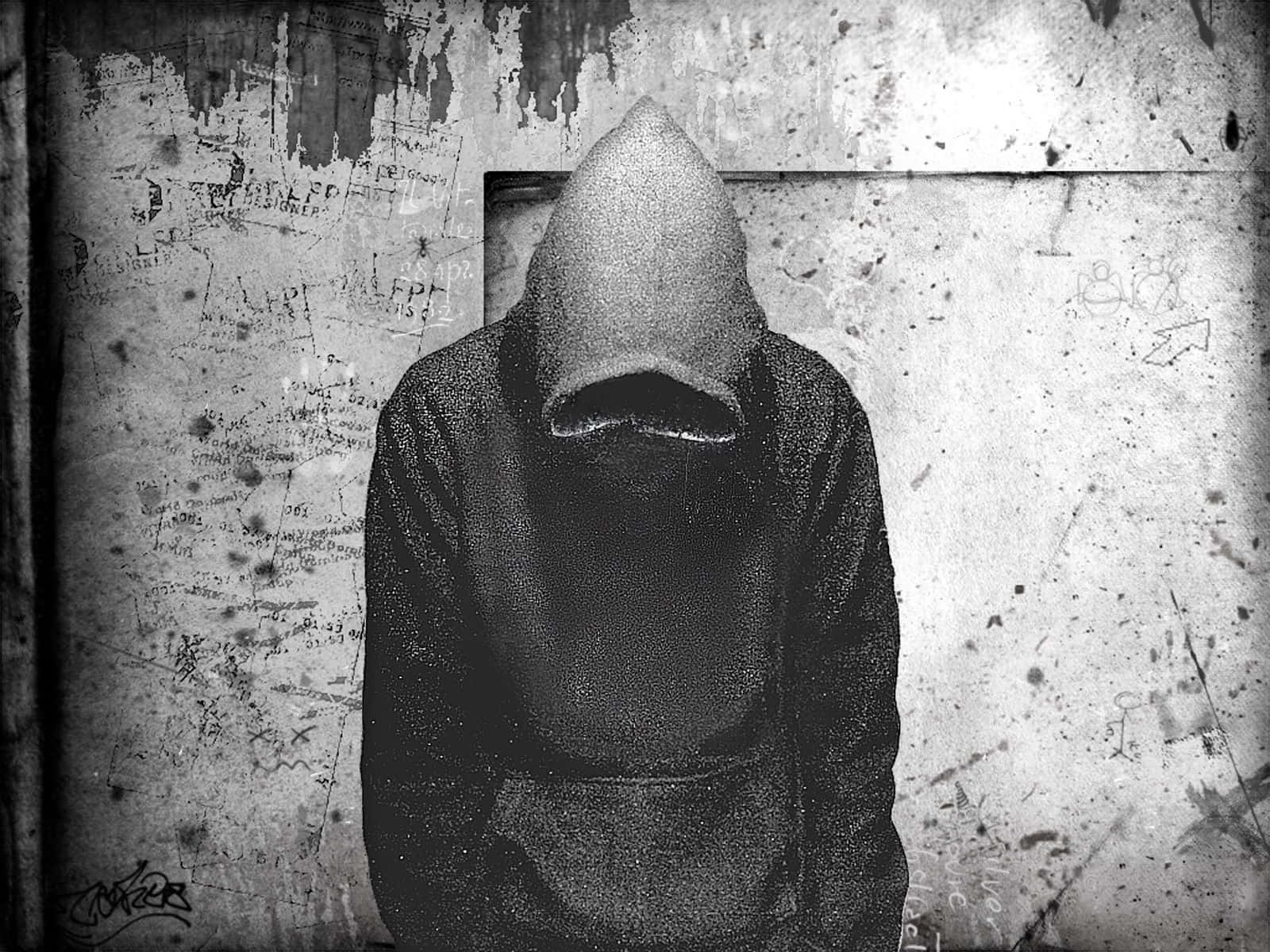 Dark Depressing, hooded figure, graffiti-scarred wall, HD Desktop Wallpaper
