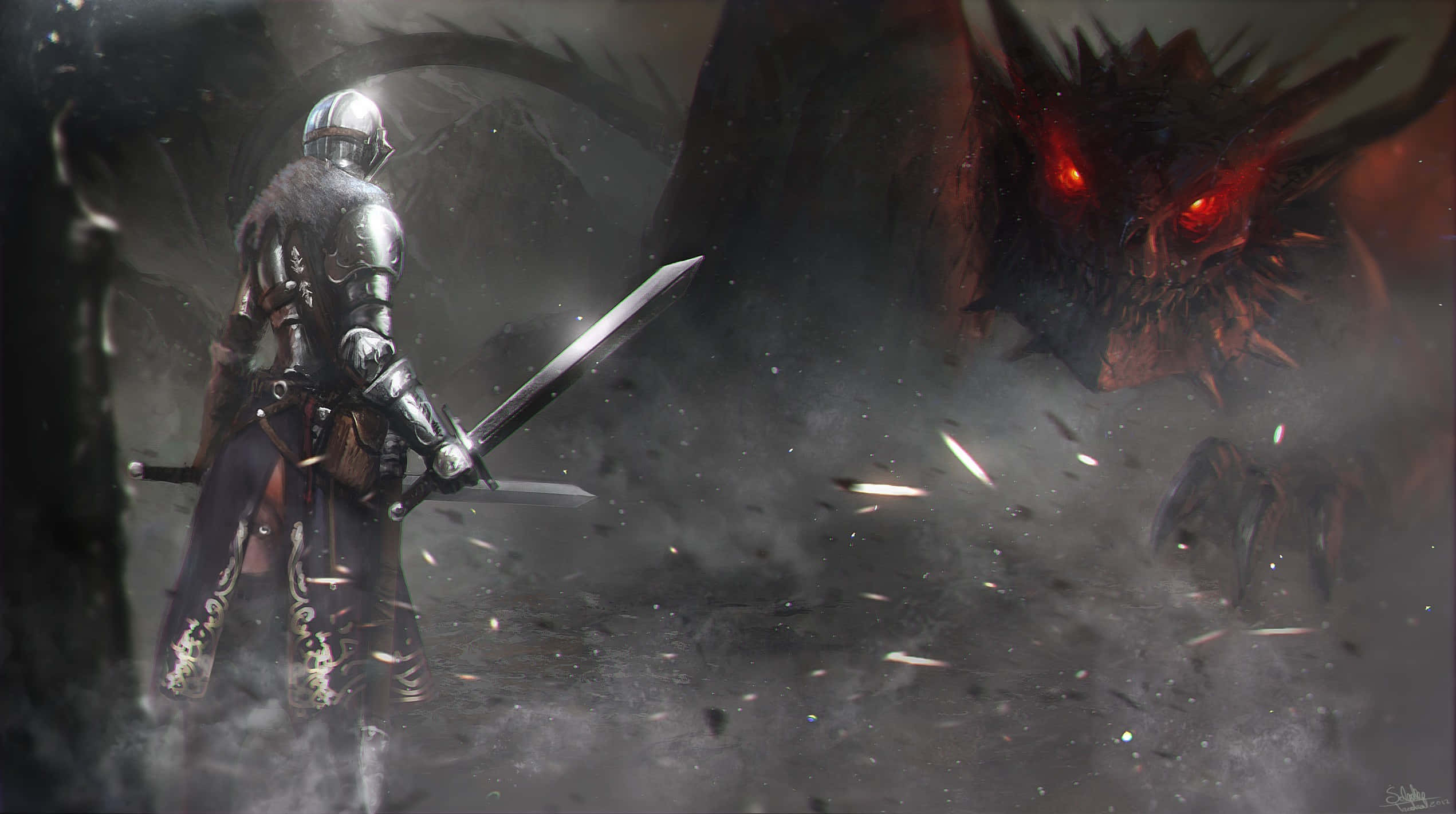 silver armor, dragon with glowing red eyes, dark misty battlefield, Full HD Desktop Wallpaper