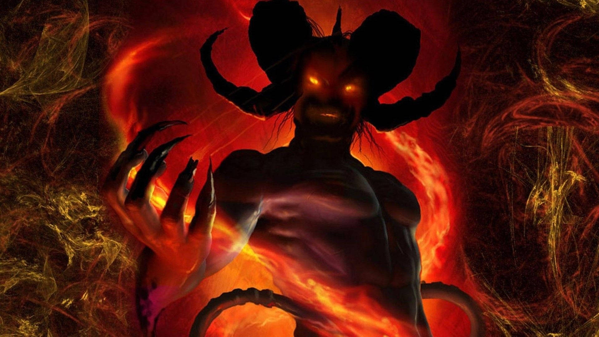 Dark Devil, horned demon, glowing orange eyes, Full HD Desktop Wallpaper
