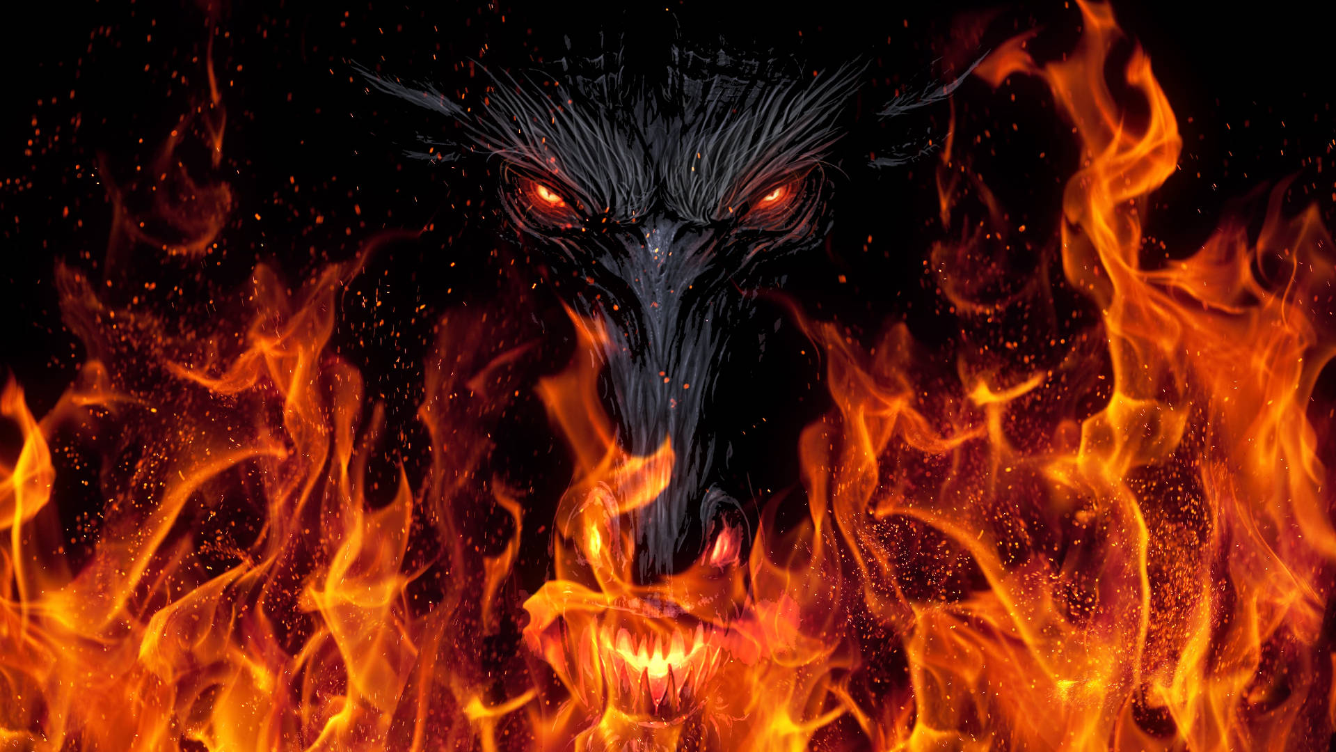 Dark Devil, black dragon, glowing red eyes, Full HD Desktop Wallpaper