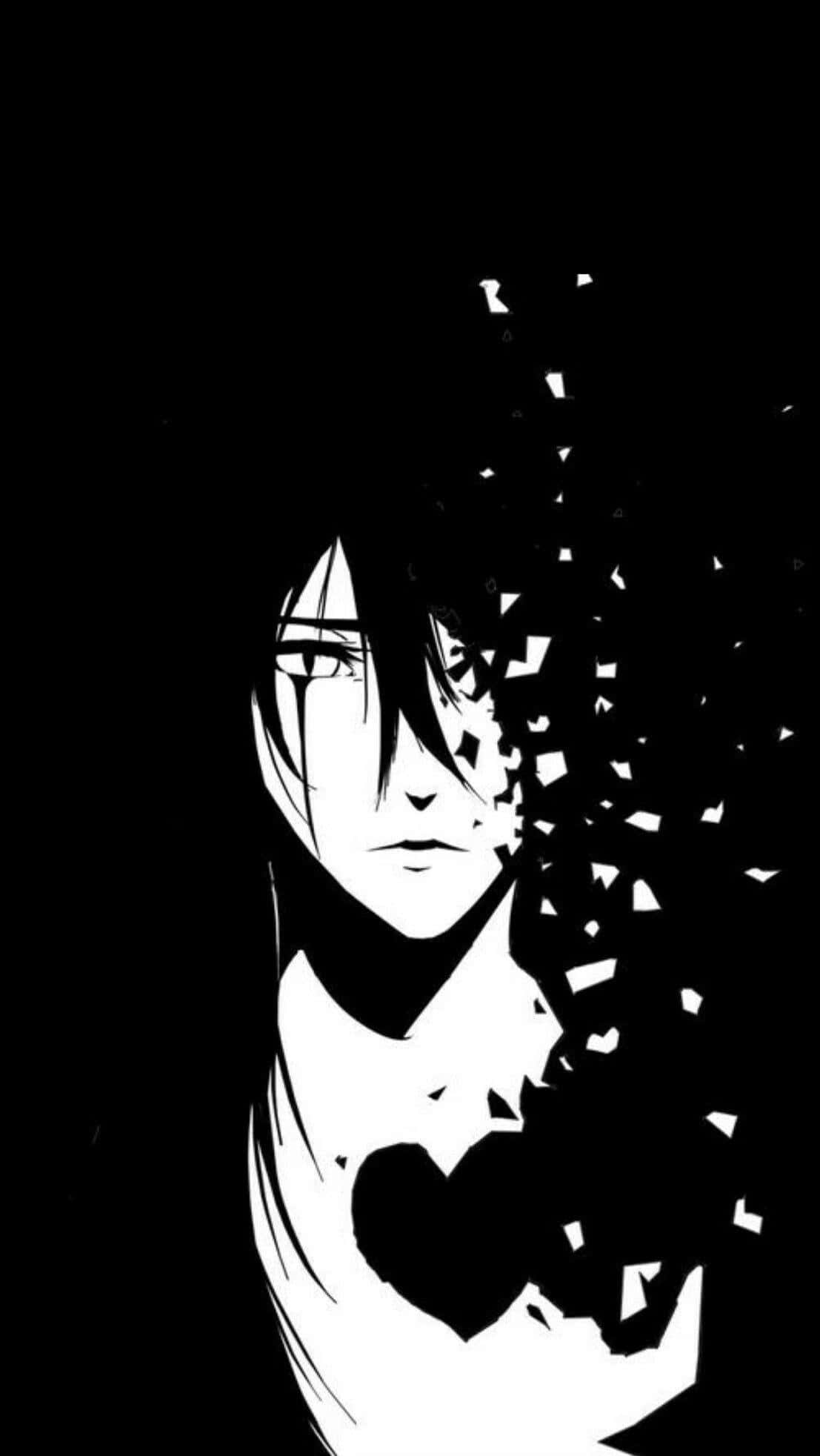 dark anime art, black and white anime portrait, fragmented pieces, Full HD Phone Wallpaper