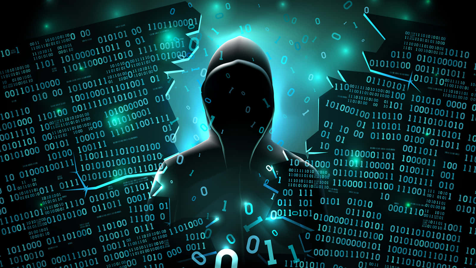 hooded hacker, glowing binary code, digital cyberpunk environment, HD Desktop Wallpaper